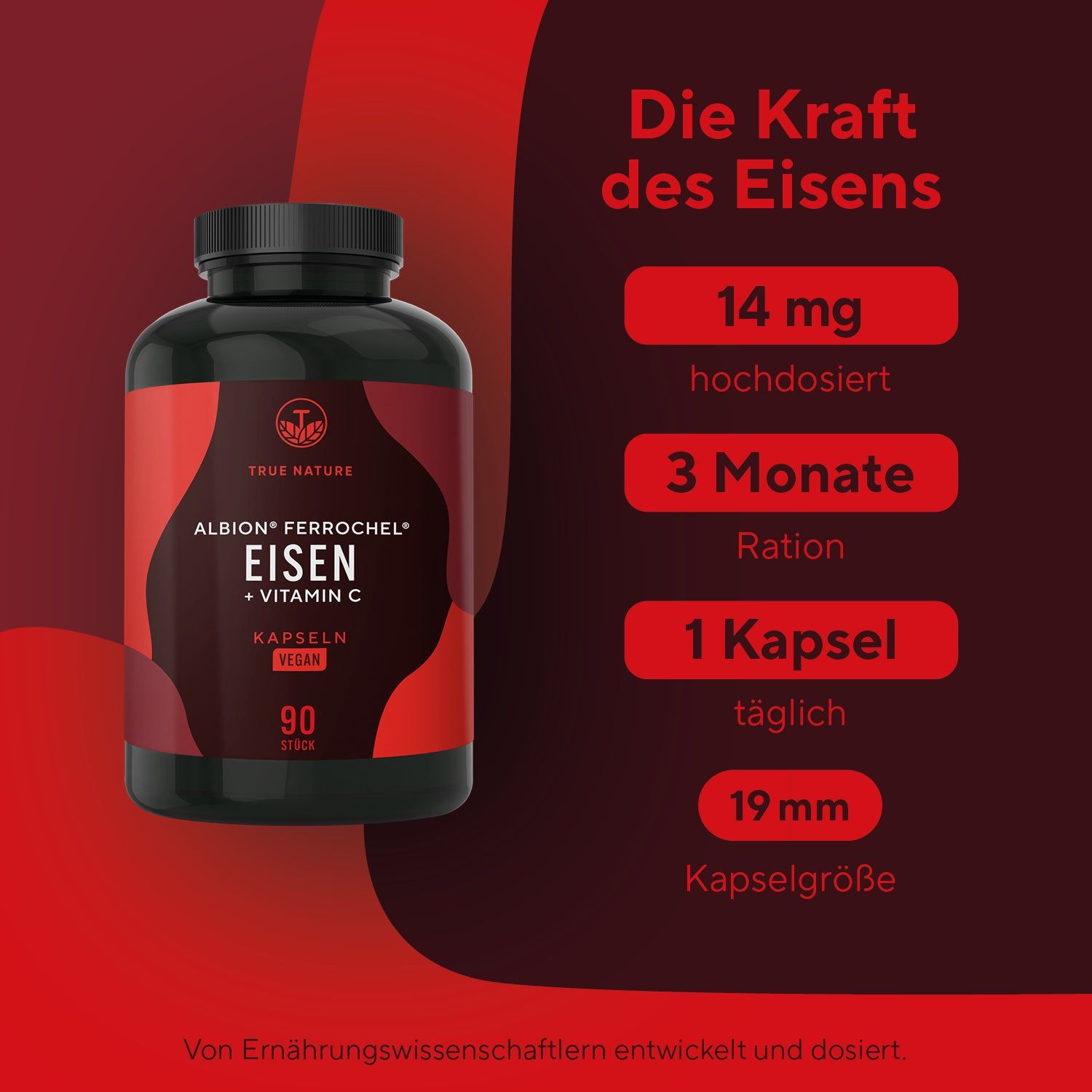 TRUE NATURE Eisen + Vitamin C Kapseln: 14mg Eisen, 3 Monate Ration, 1 Kapsel täglich.
