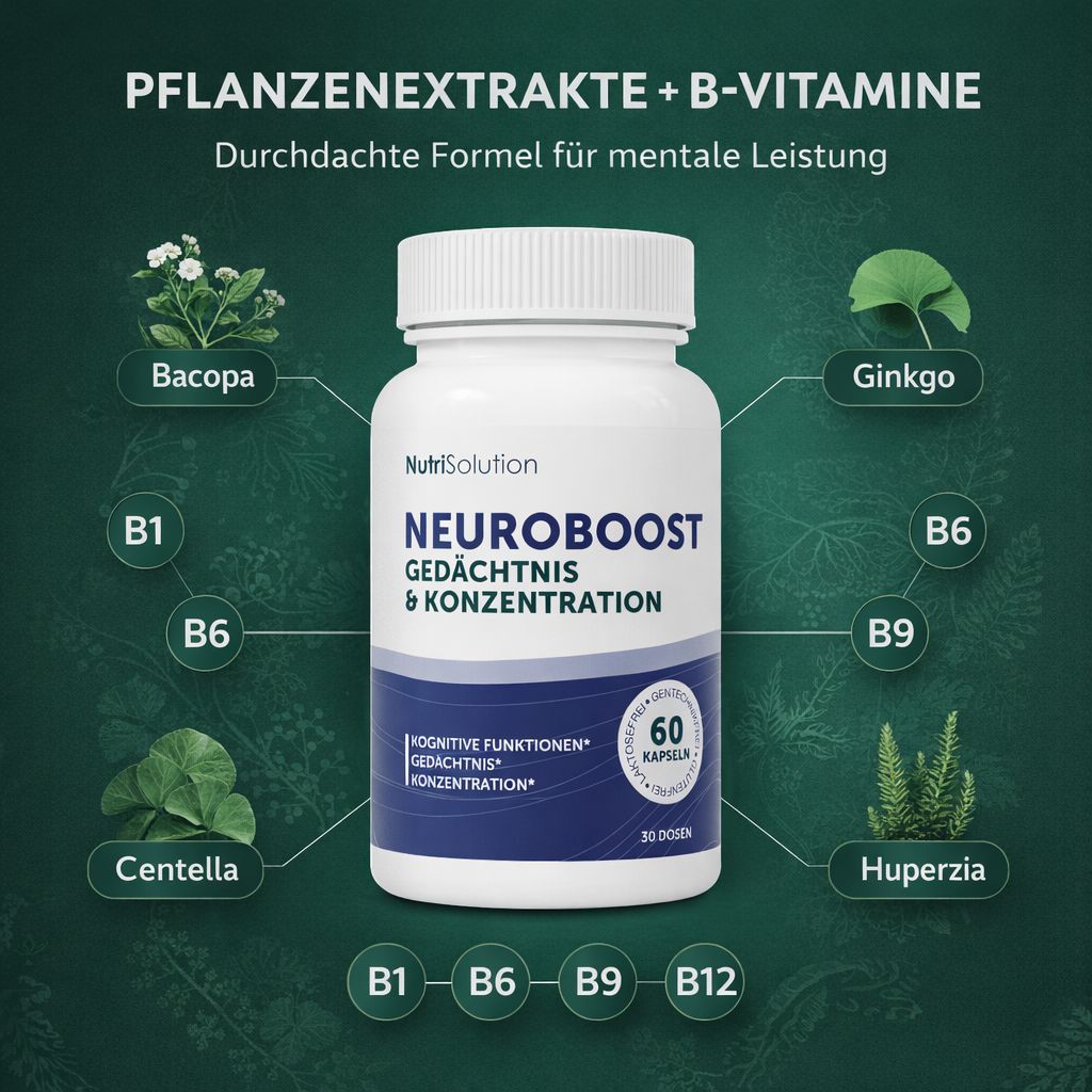 NutriSolution Neuro Boost Flasche mit pflanzlichen Extrakten und B-Vitaminen.