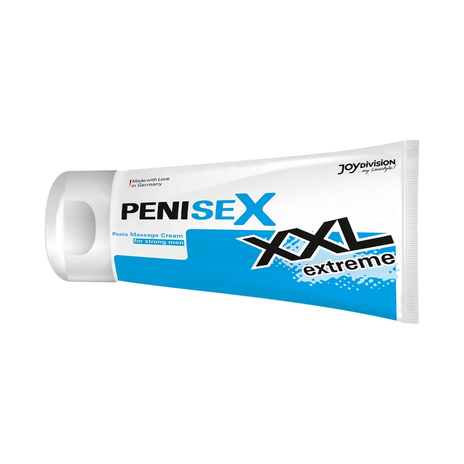 Tube mit JOYDIVISION PENISEX XXL extreme Penis Massagecreme. Blau-weiße Verpackung mit schwarzer Schrift.