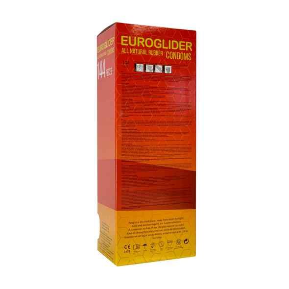 Euroglider-Verpackung, rot-gelb. Aufschrift "EUROGLIDER ALL NATURAL RUBBER CONDOMS". Rückseite mit Text und Symbolen.