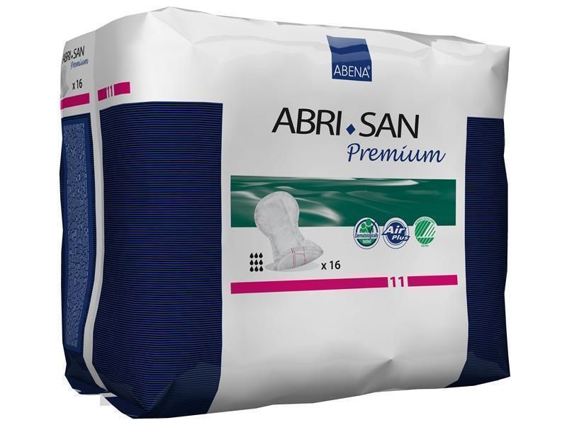 Abena Abri-San Premium Vorlagen-Packung. Blaue und weiße Verpackung mit Produktnamen und Logo. Enthält 16 Stück. Mit Air Plus-Zertifizierung.