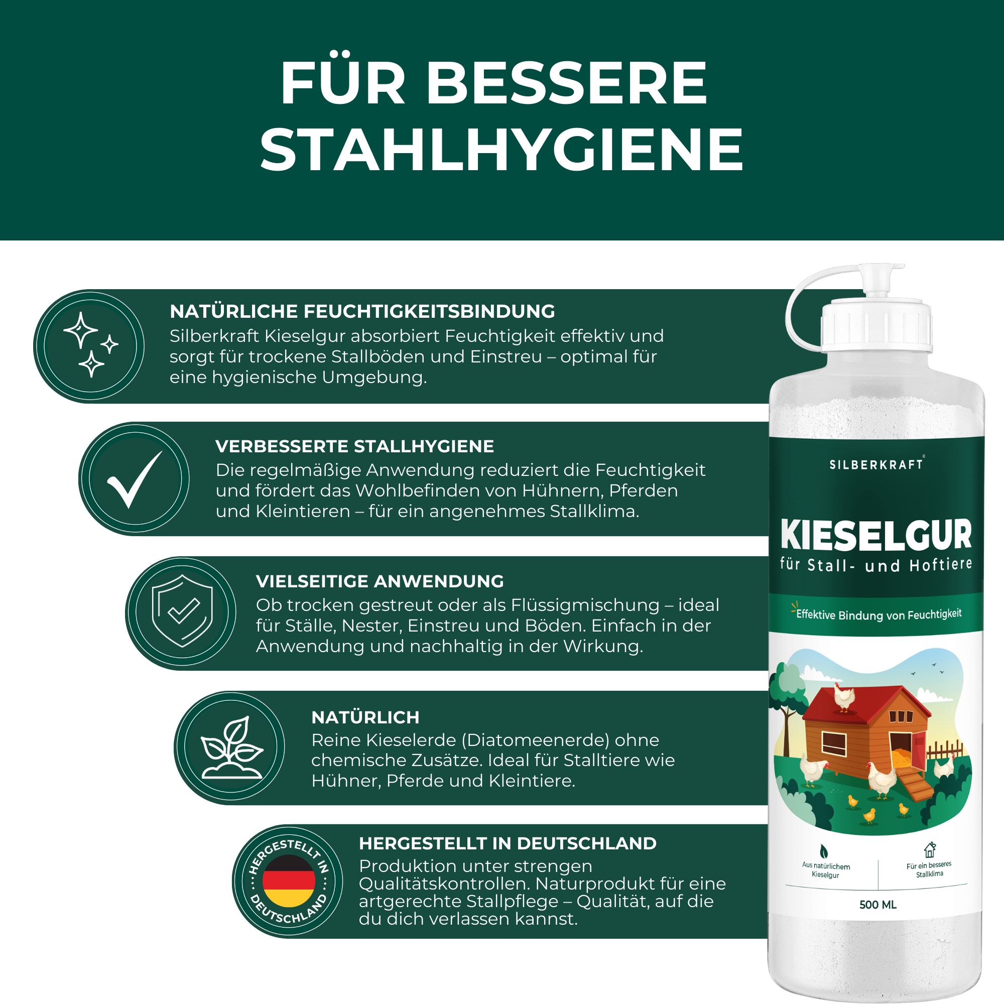 Flasche SILBERKRAFT Kieselgur. Text: Natürliche Feuchtigkeitsbindung, verbesserte Stallhygiene, vielseitige Anwendung, natürlich.