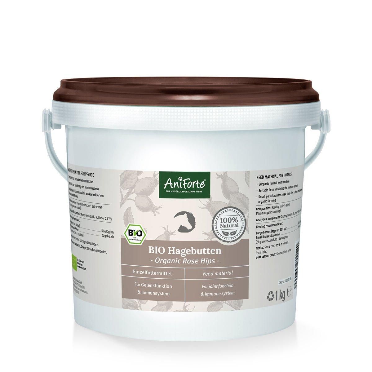 Weißer Eimer mit AniForte Bio Hagebutten. Text: Bio Hagebutten, für Gelenkfunktion & Immunsystem. 1 kg.
