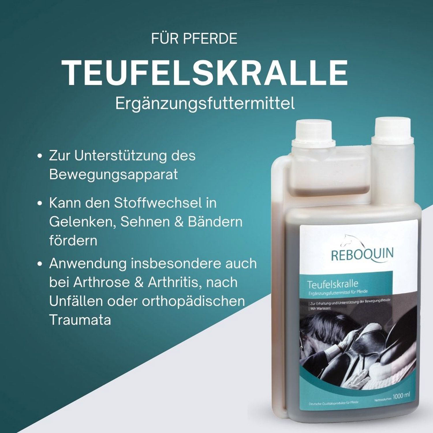 Flasche Teufelskralle Ergänzungsfuttermittel für Pferde, mit Anwendungshinweisen.