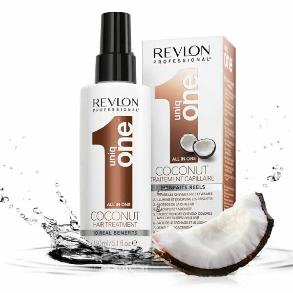 Revlon Uniq One Coconut Hair Treatment. Flasche und Verpackung. Kokosnuss-Scheibe. Aufschrift: 10 Real Benefits.