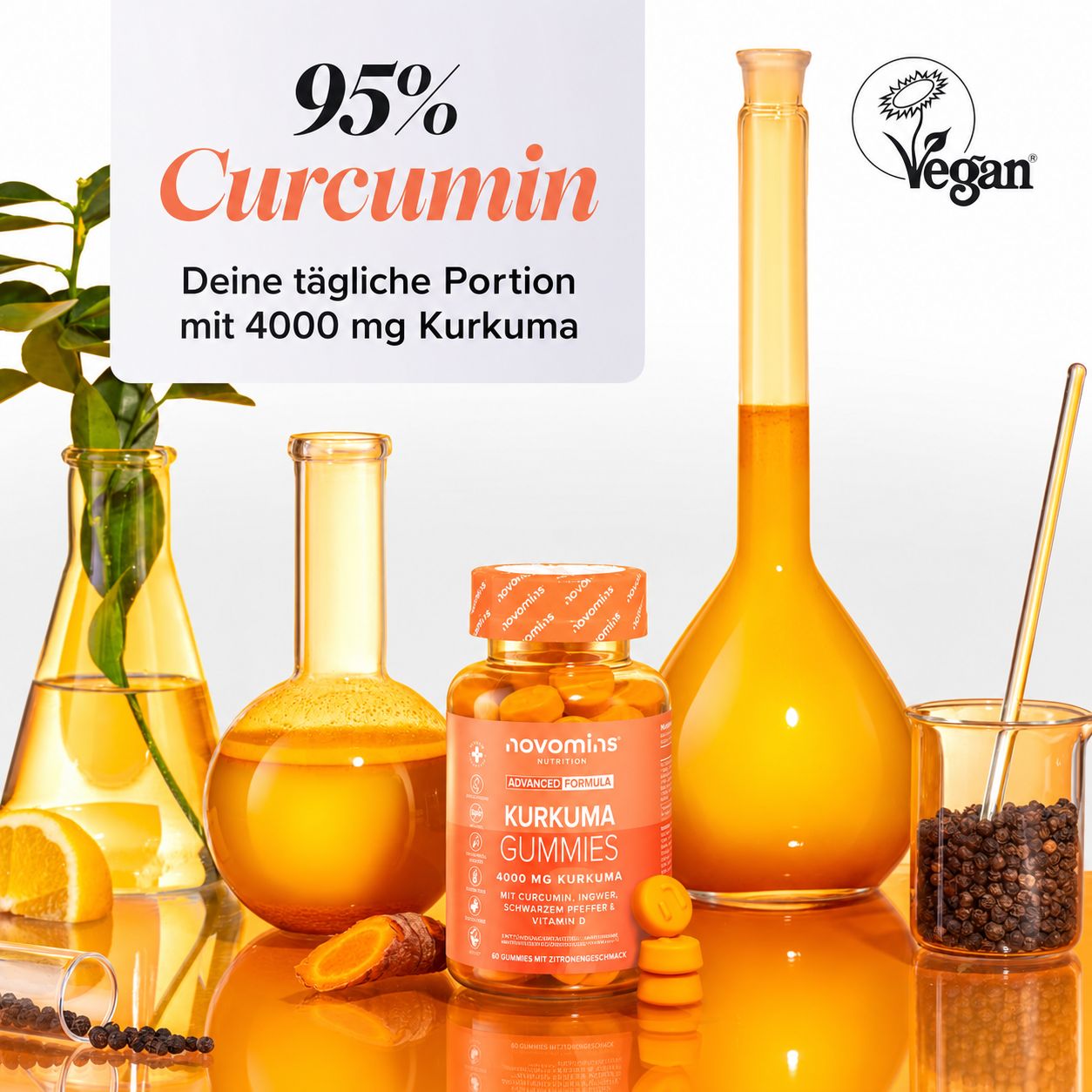 Novomins Kurkuma Gummies mit 95% Curcumin, 4000 mg Kurkuma pro Tagesportion. Vegan.