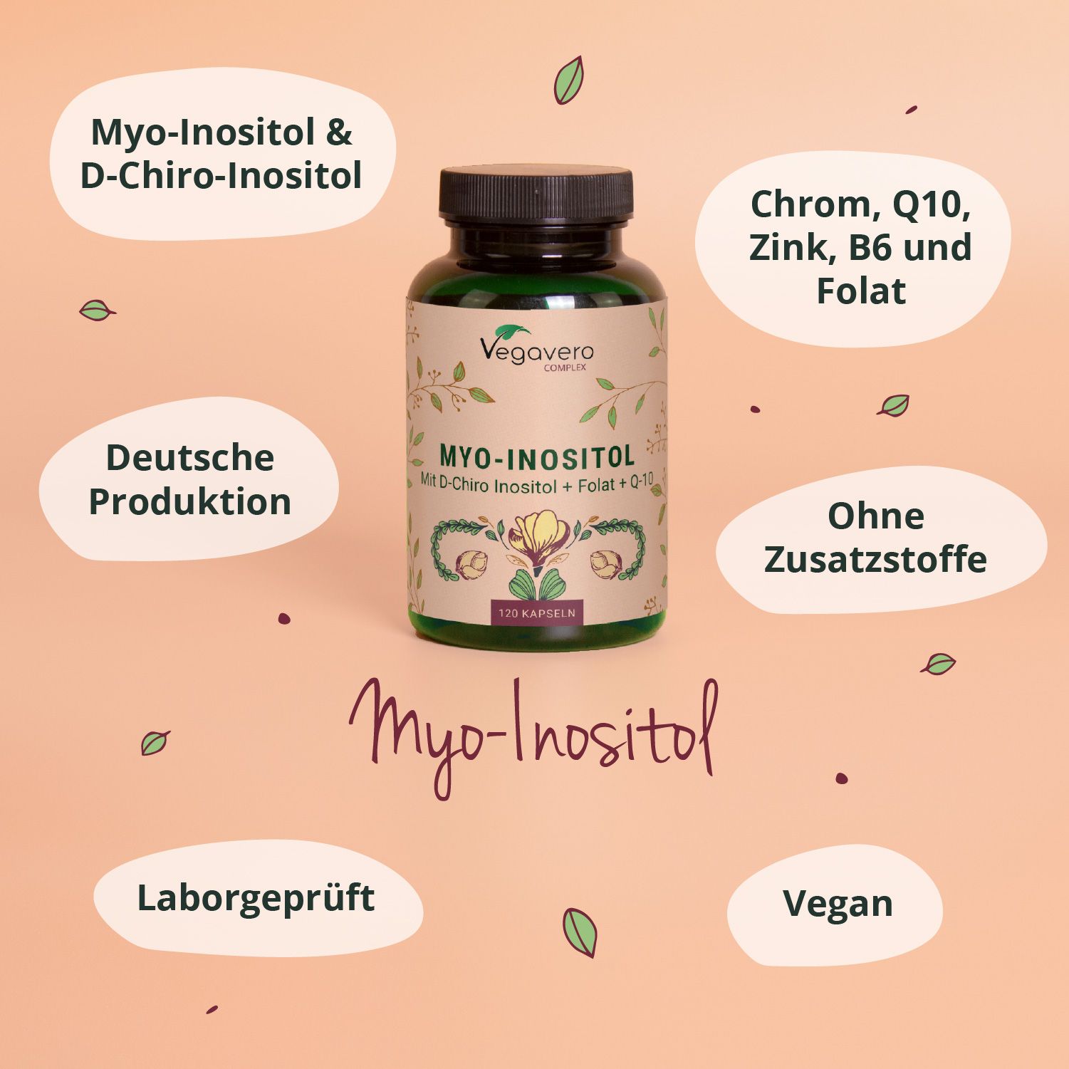 Grüne Flasche mit Kapseln. Aufschrift: MYO-INOSITOL, Vegavaro. Mit D-Chiro Inositol + Folat + Q-10. Icons: Laborgeprüft, Vegan.