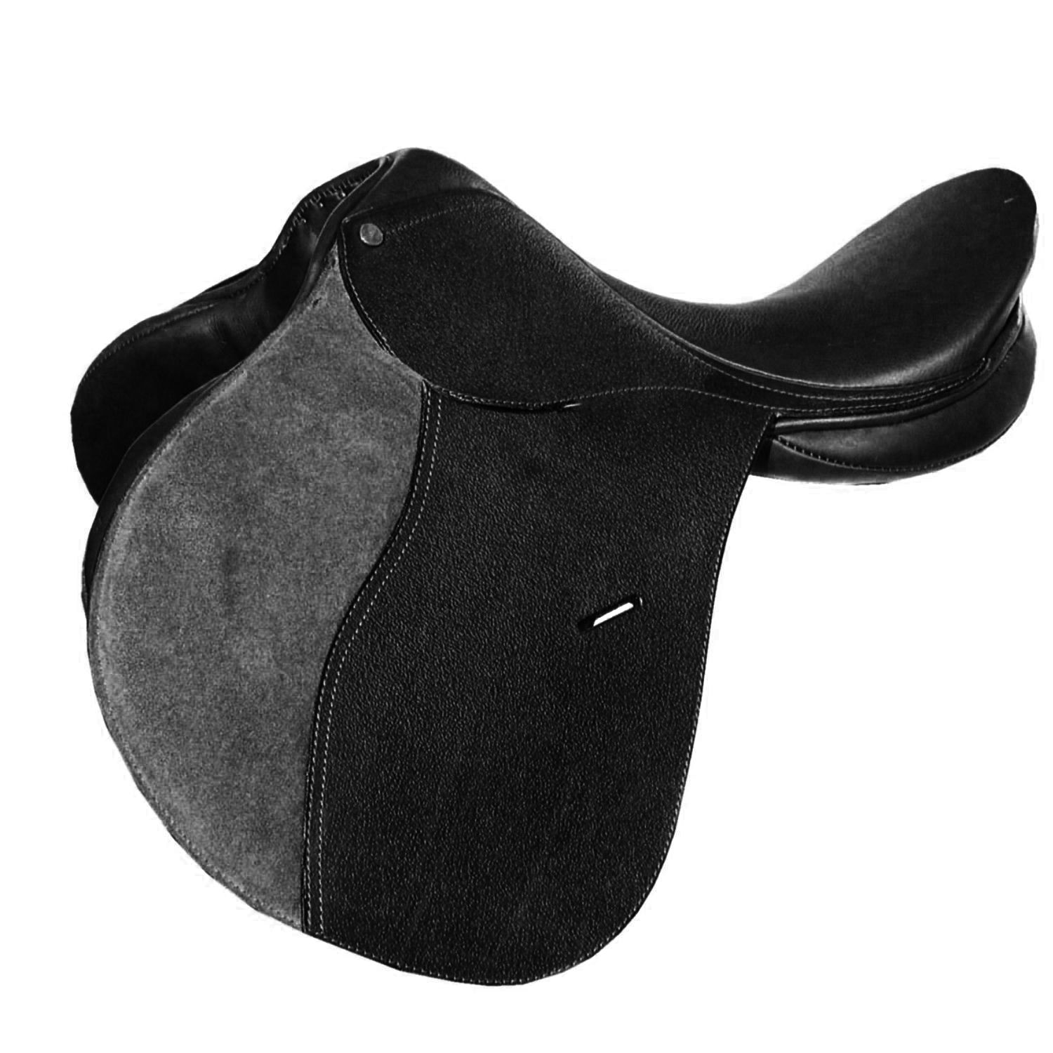 Schwarzer Sattel mit grauem Einsatz. Lederoptik, Steppnähte. Ansicht von oben.