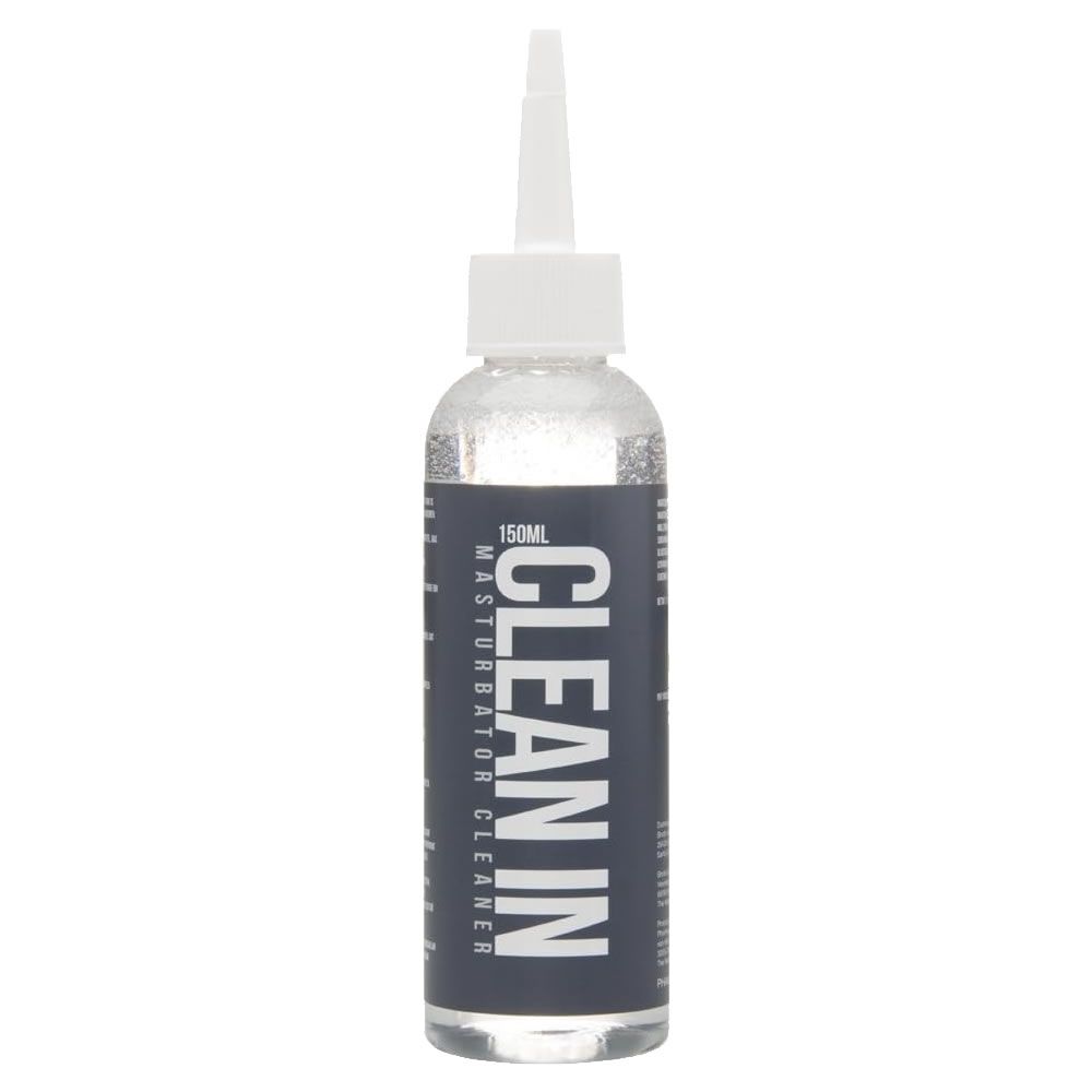 Transparente Flasche mit weißem Deckel und Applikator. Aufschrift CLEAN IN in Weiß auf dunkelblauem Etikett. 150ml.