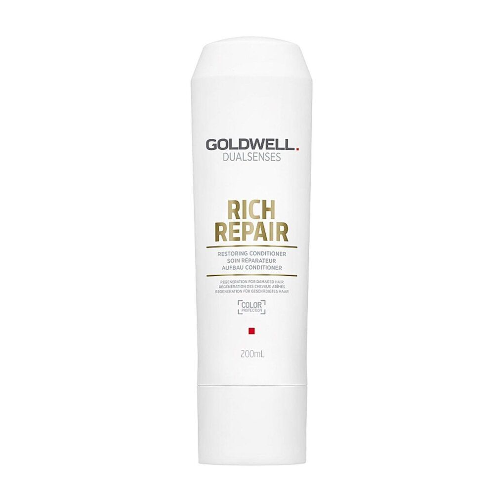 Weiße Flasche Goldwell Dualsenses Rich Repair Conditioner. Text: Rich Repair, Restoring Conditioner, 200ml. Color Protection Logo.