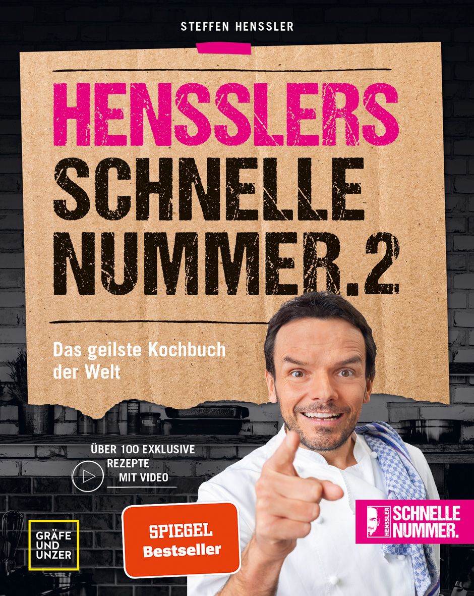 Kochbuch "Hensslers schnelle Nummer 2". Cover mit Steffen Henssler. Titel in Pink und Schwarz auf braunem Hintergrund. Spiegel Bestseller.
