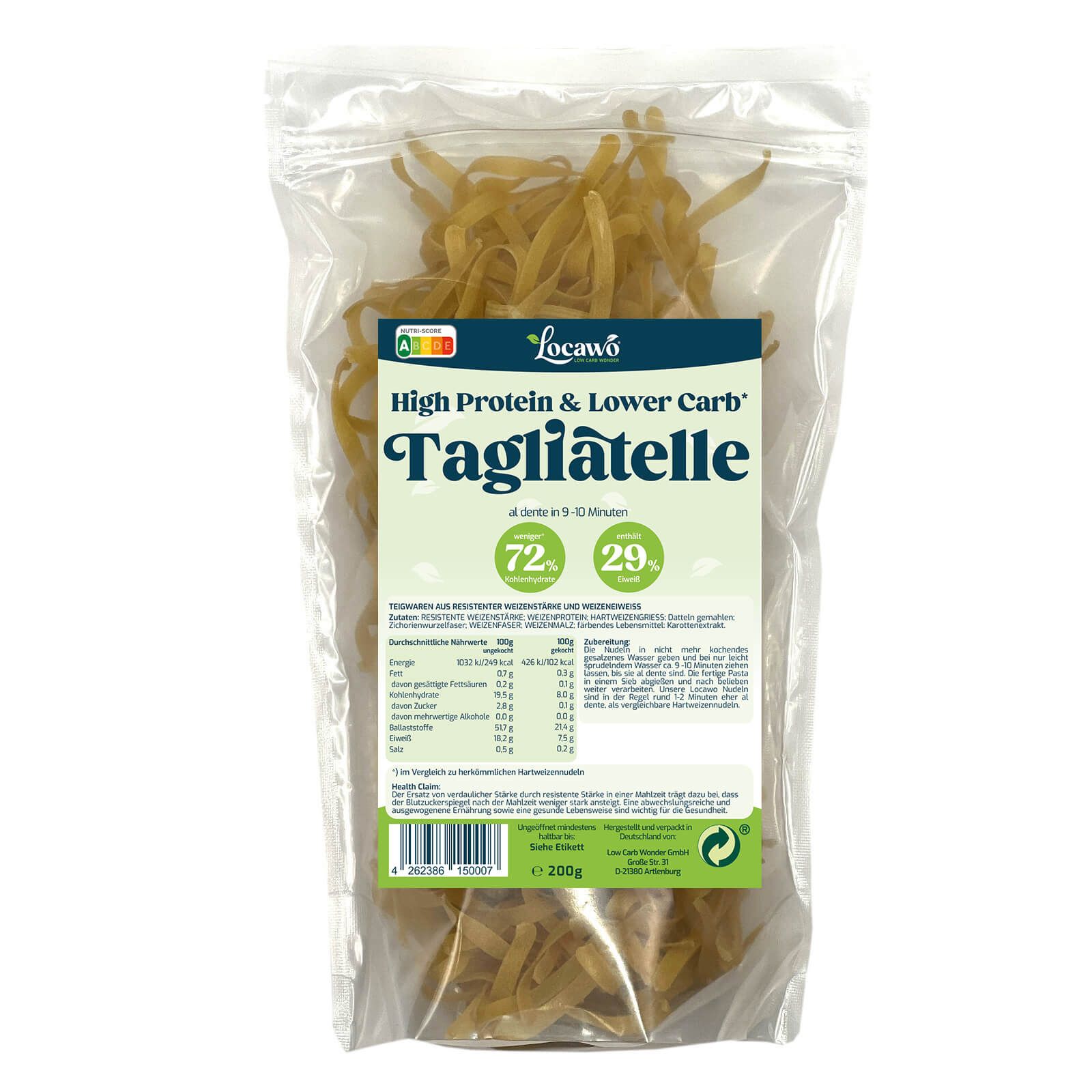 Beutel mit Tagliatelle-Pasta. Klare Verpackung. Grünes Etikett mit Text: High Protein & Lower Carb. Nährwertangaben.