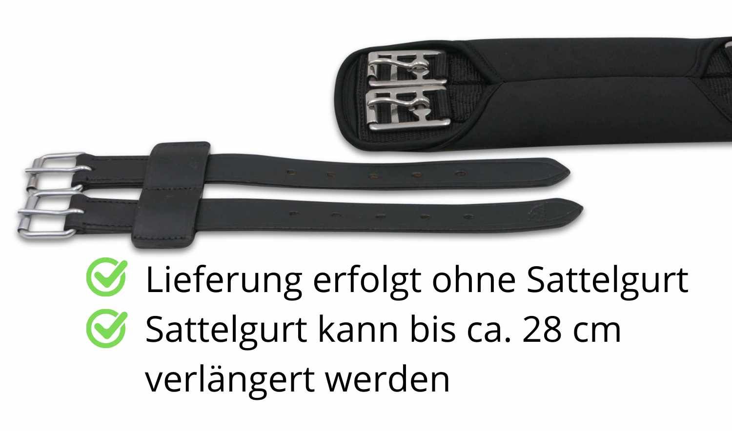 Schwarze Sattelgurtverlängerung mit zwei Schnallen. Text: Lieferung ohne Sattelgurt. Sattelgurt kann bis ca. 28 cm verlängert werden.