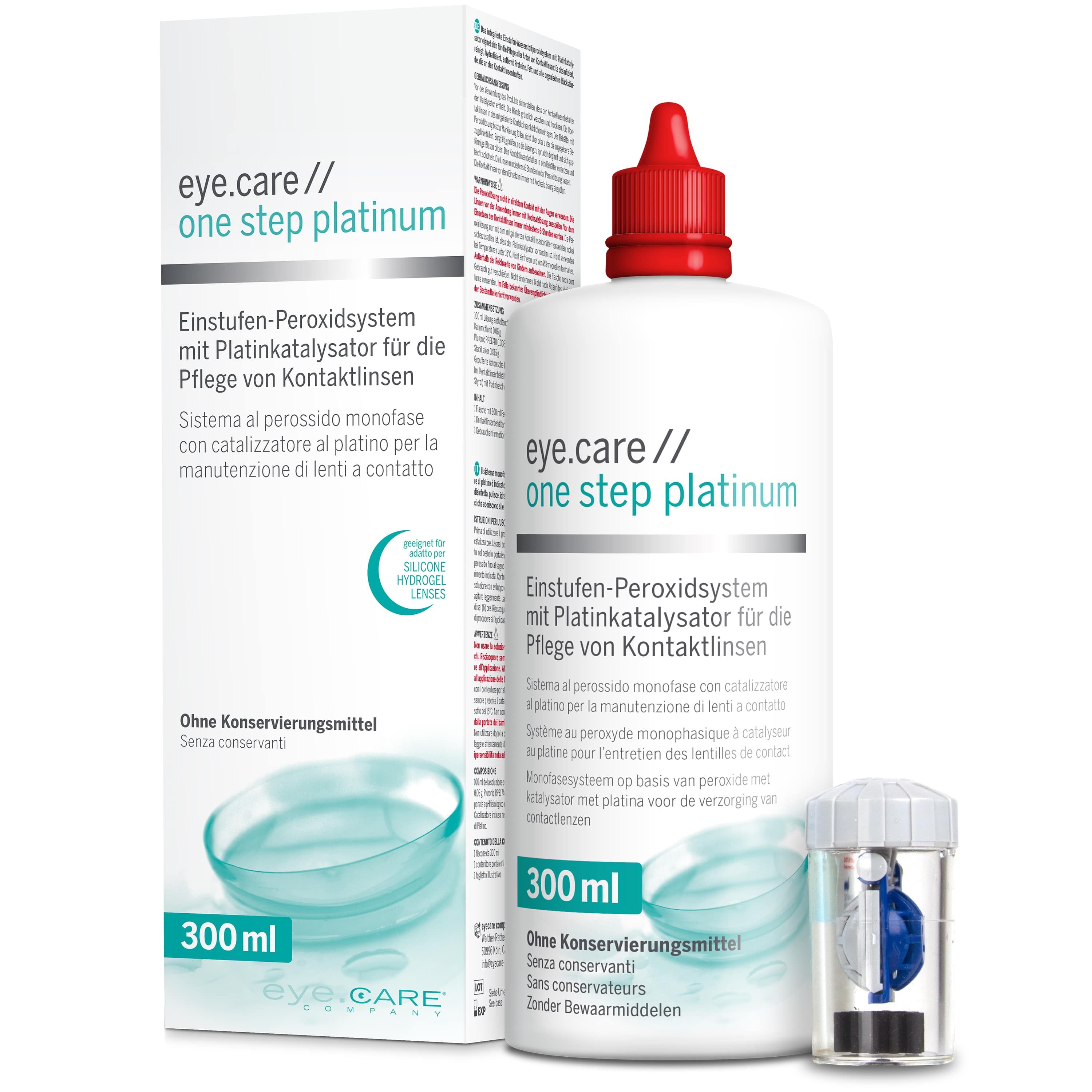 eye.care one step platinum Flasche, 300 ml, roter Deckel. Mit Behälter. Für Kontaktlinsen. Ohne Konservierungsmittel.