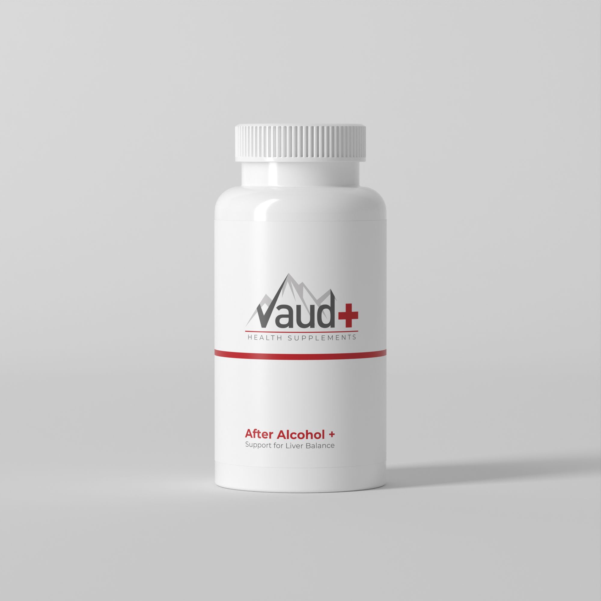 Weiße Flasche mit Kapseln. Vaud+ Logo und Schriftzug: After Alcohol + Support for Liver Balance.