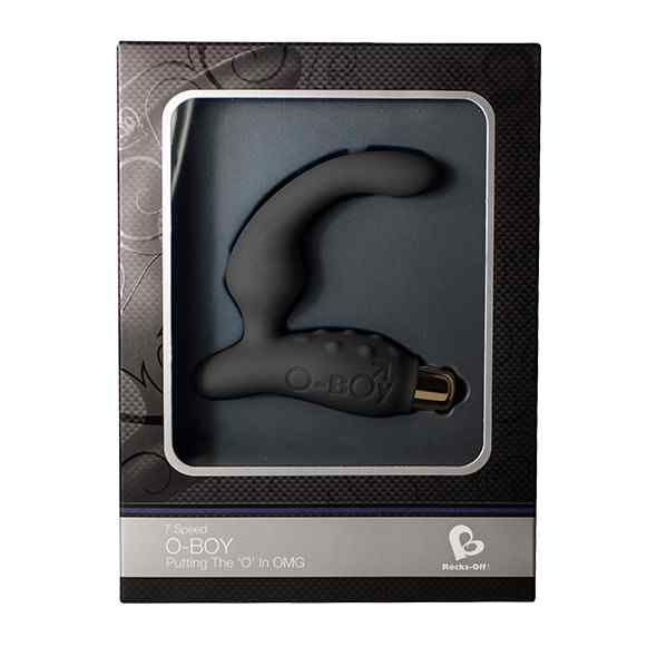 Schwarzes Wellness-Produkt in Verpackung. O-BOY, 7-Speed, mit Logo und Markennamen. Verpackung mit Fenster.