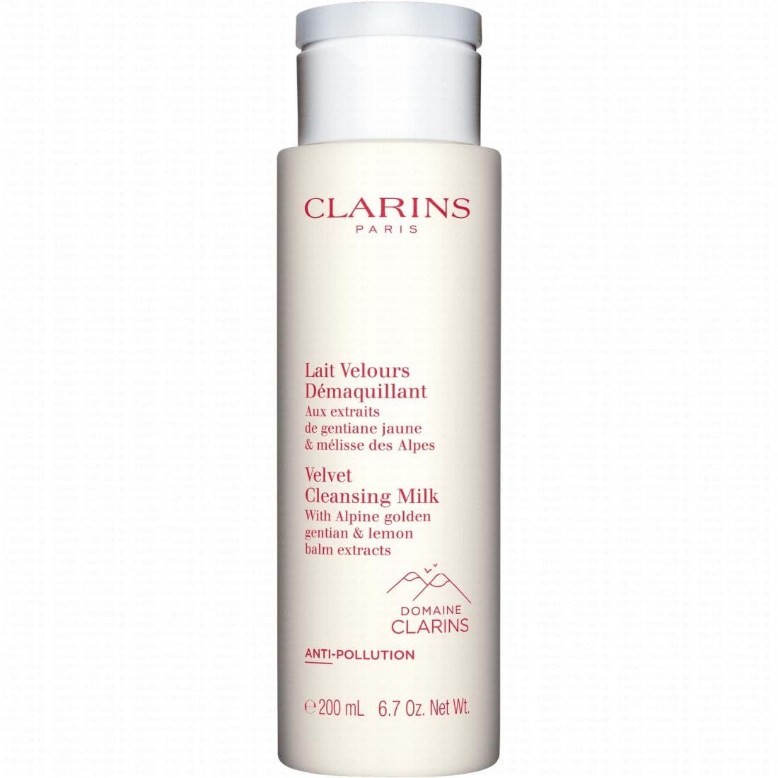 Weiße Flasche mit CLARINS-Logo und Text. Enthält Lait Velours Demaquillant. 200 ml.