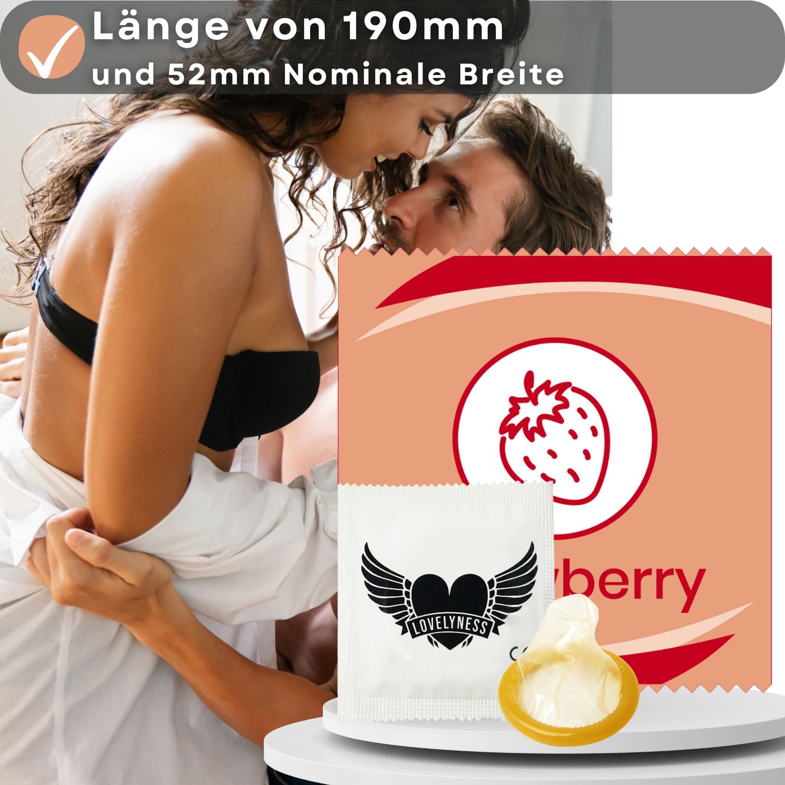 Kondomverpackung und Kondom. Text: Länge von 190mm und 52mm nominale Breite.