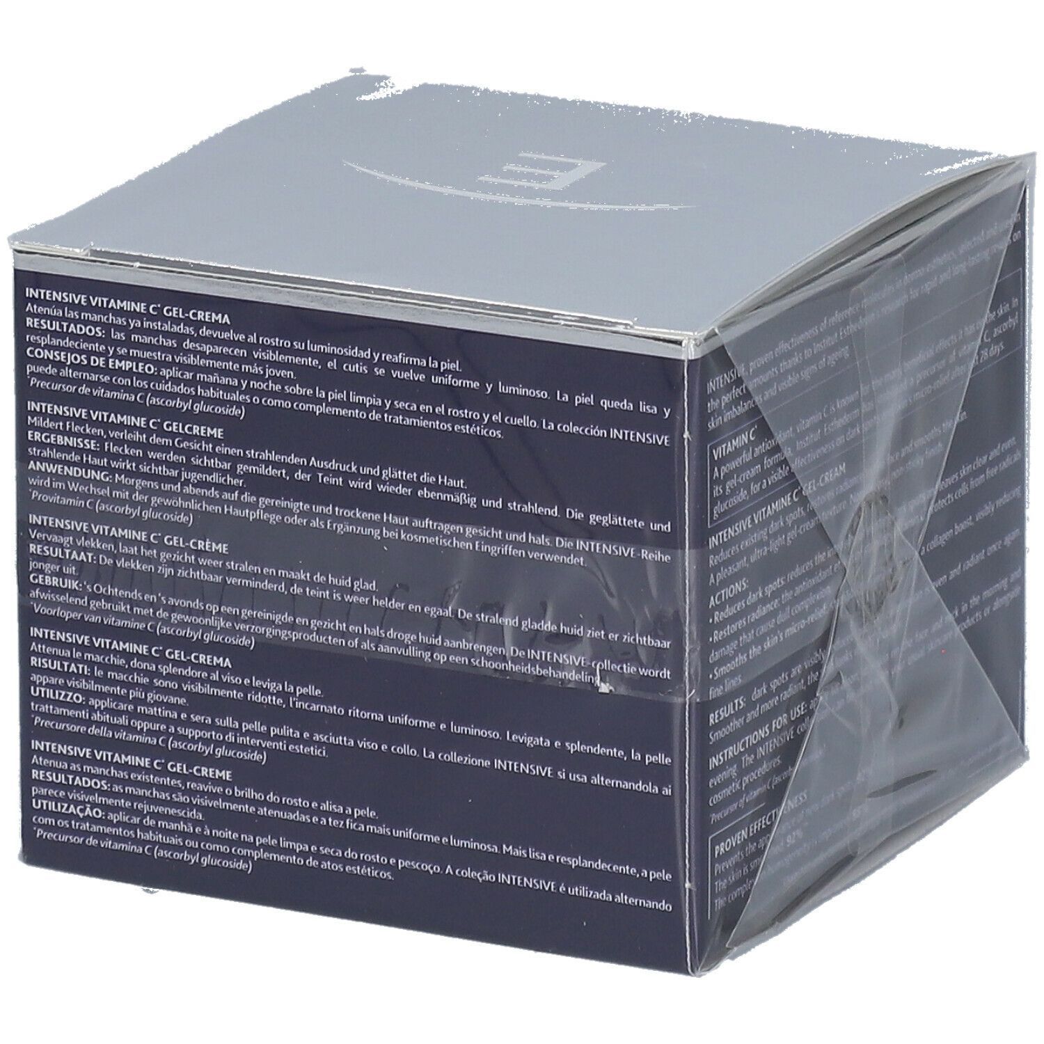 Dunkelblaue Schachtel mit Text. INSTITUT ESTHEDERM, INTENSIVE VITAMINE C GEL-CREME. In Folie verpackt.