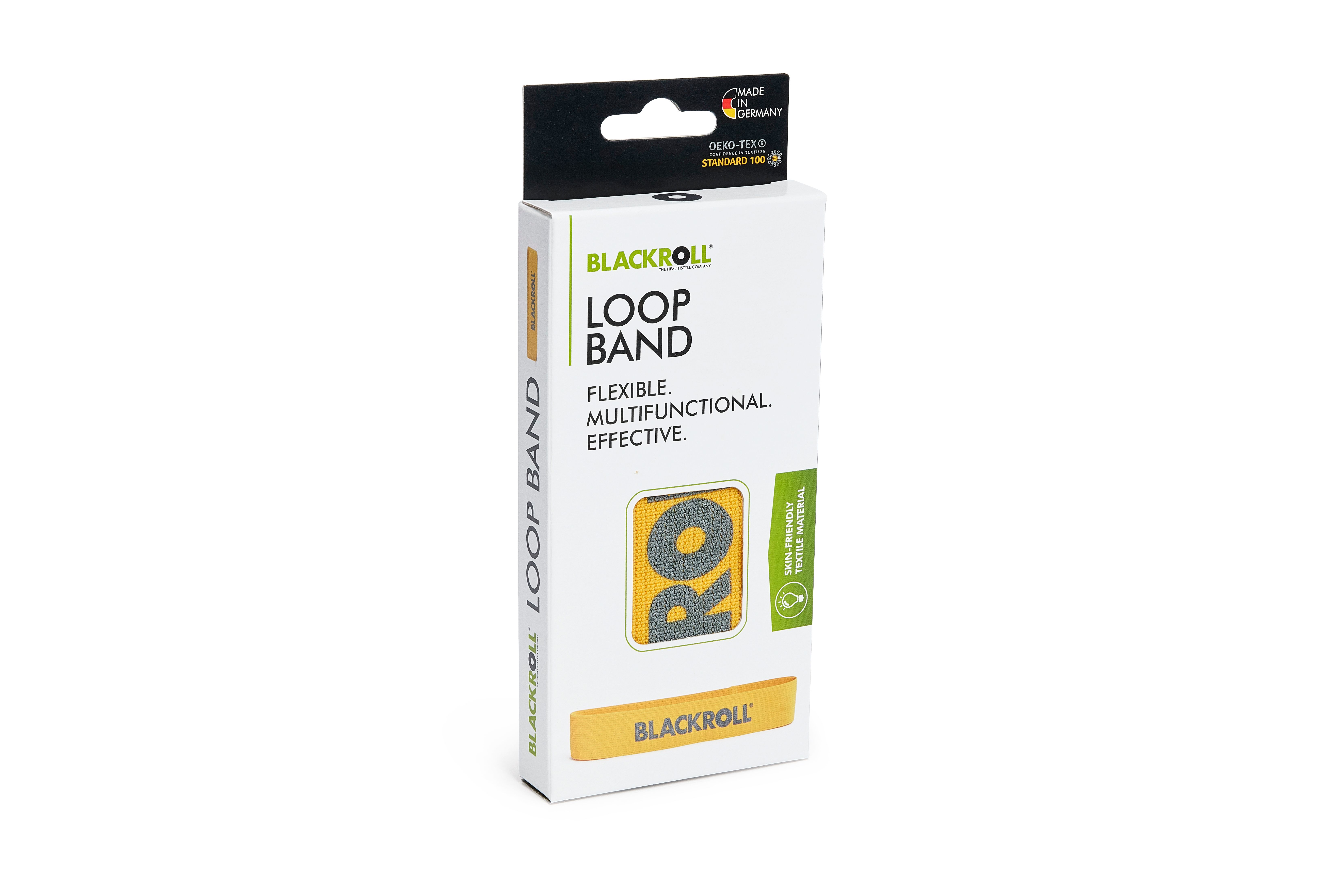 Verpackung mit gelbem Loop Band. Schriftzug Loop Band und BLACKROLL. Weißer Hintergrund.