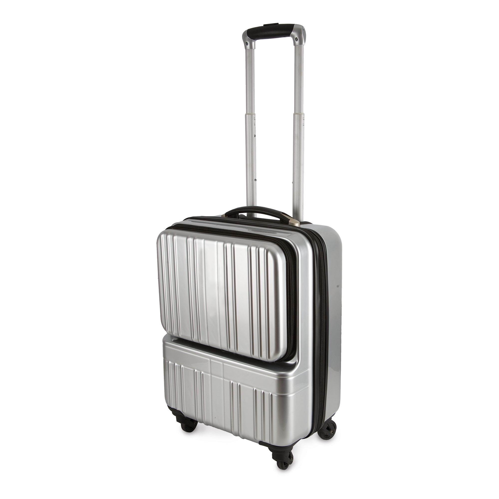 Silberner Trolley mit ausziehbarem Griff. Zwei übereinanderliegende Fächer mit geriffelter Oberfläche. Schwarzer Reißverschluss.