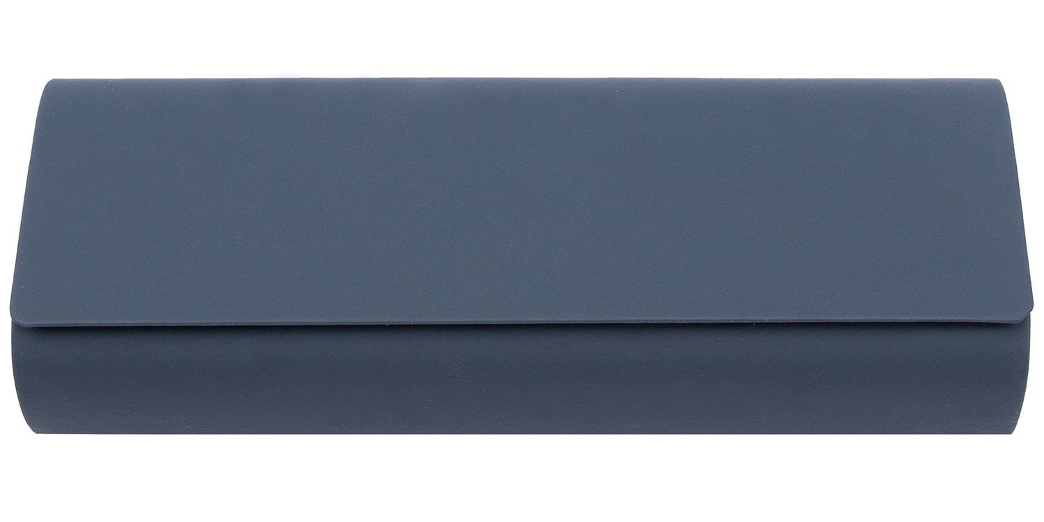 Blaues, rechteckiges Hartschalenetui. Deckel überlappend. Glatte Oberfläche.