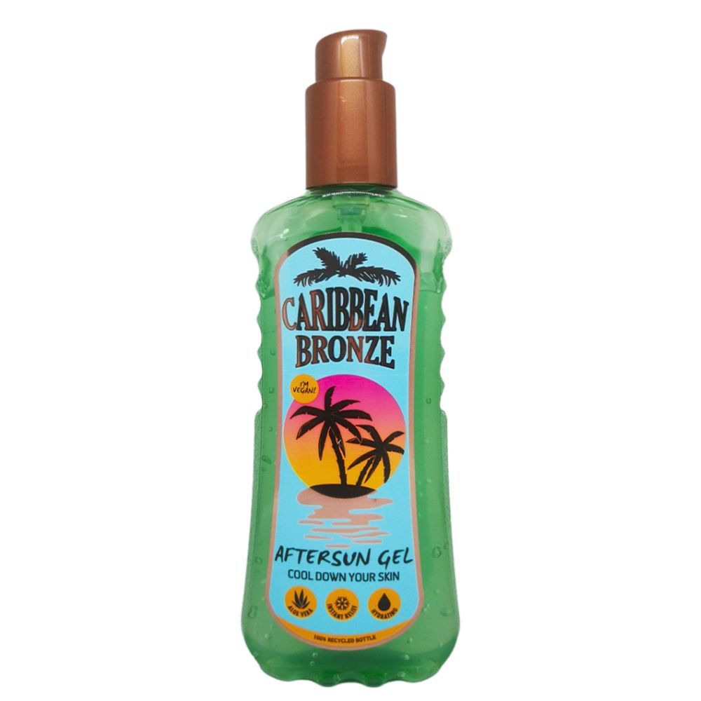 Grüne Flasche mit braunem Pumpkopf. Aufschrift: Caribbean Bronze Aftersun Gel. Mit Palmen-Design.
