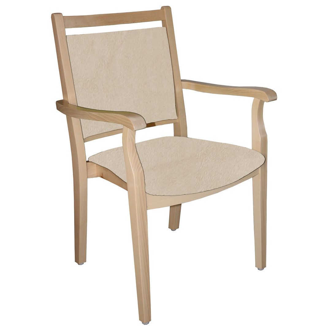 Seniorenstuhl mit Armlehnen. Holzrahmen, beige Sitzfläche und Rückenlehne.