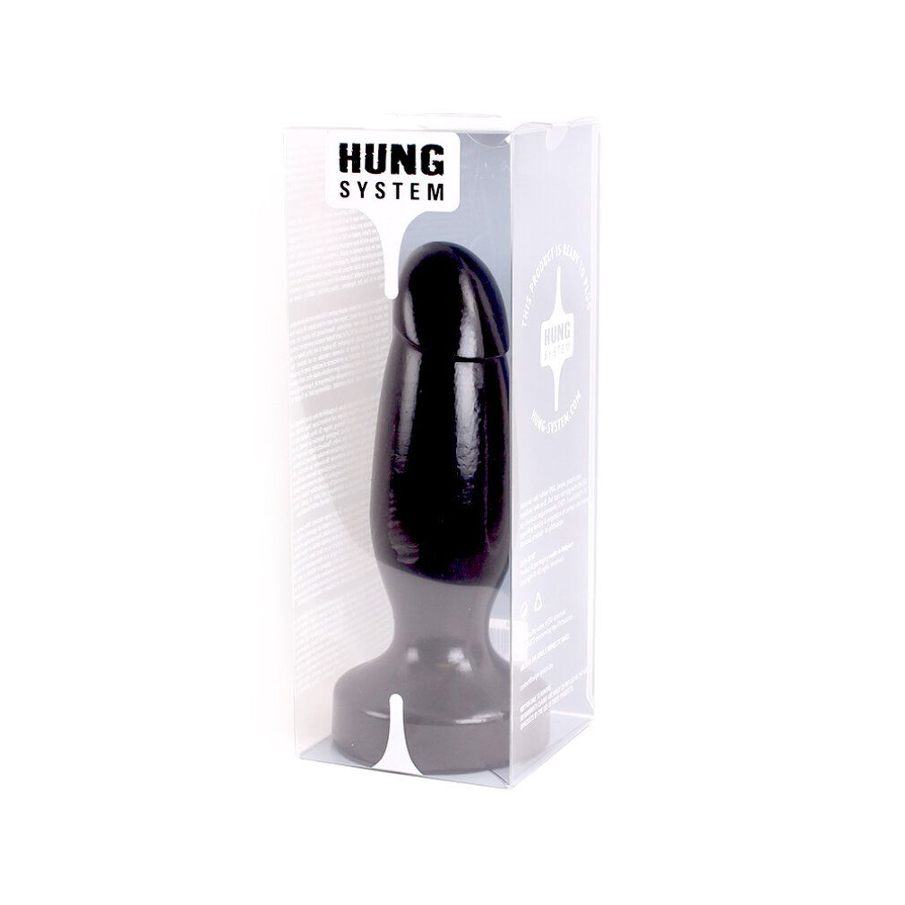 Schwarzes Produkt in einer transparenten Kunststoffbox. Logo "HUNG SYSTEM" auf der Verpackung. Auf weißem Hintergrund.