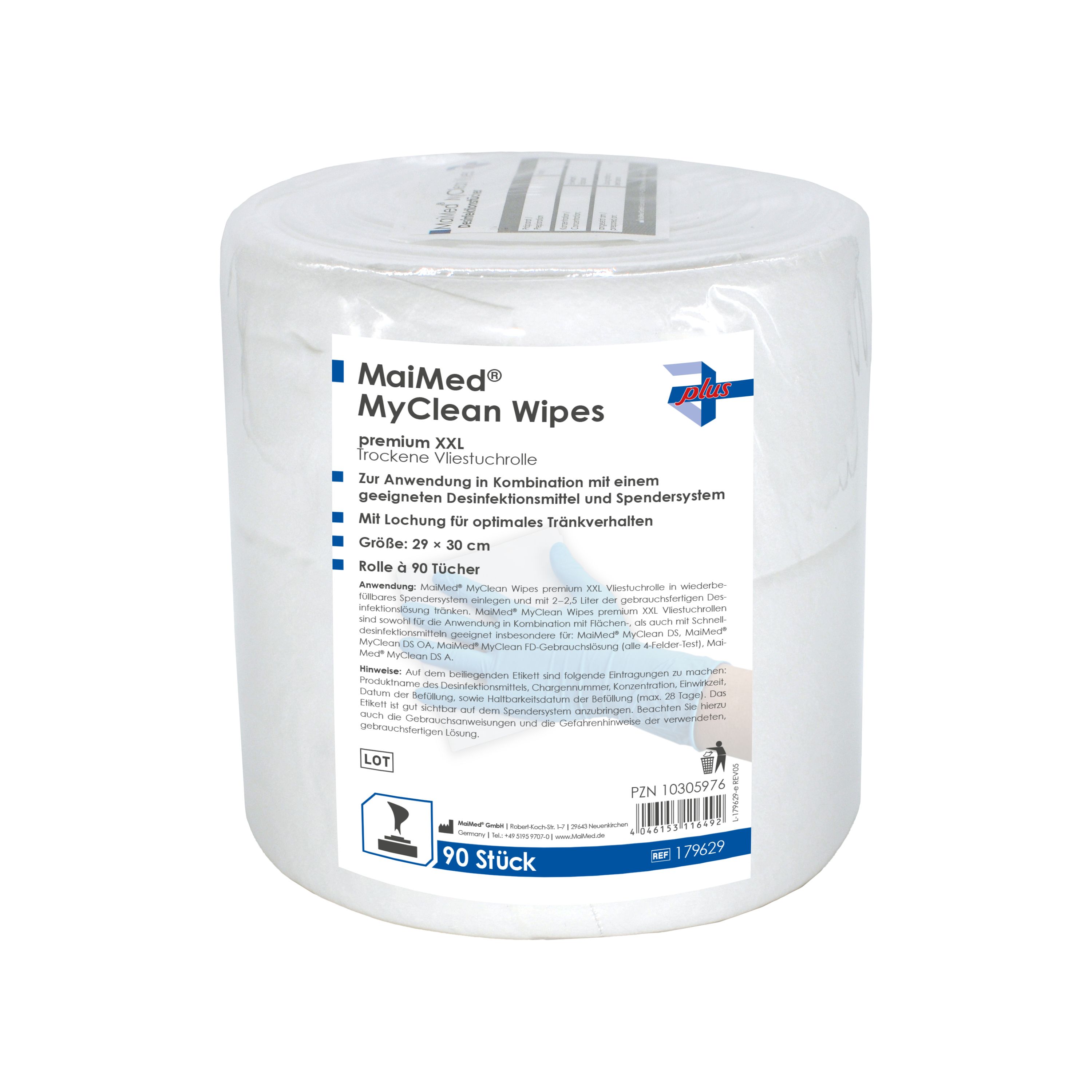 Rolle MaiMed MyClean Wipes, 90 Tücher. Weiße Rolle in Folie verpackt. Produktinformationen auf Etikett.
