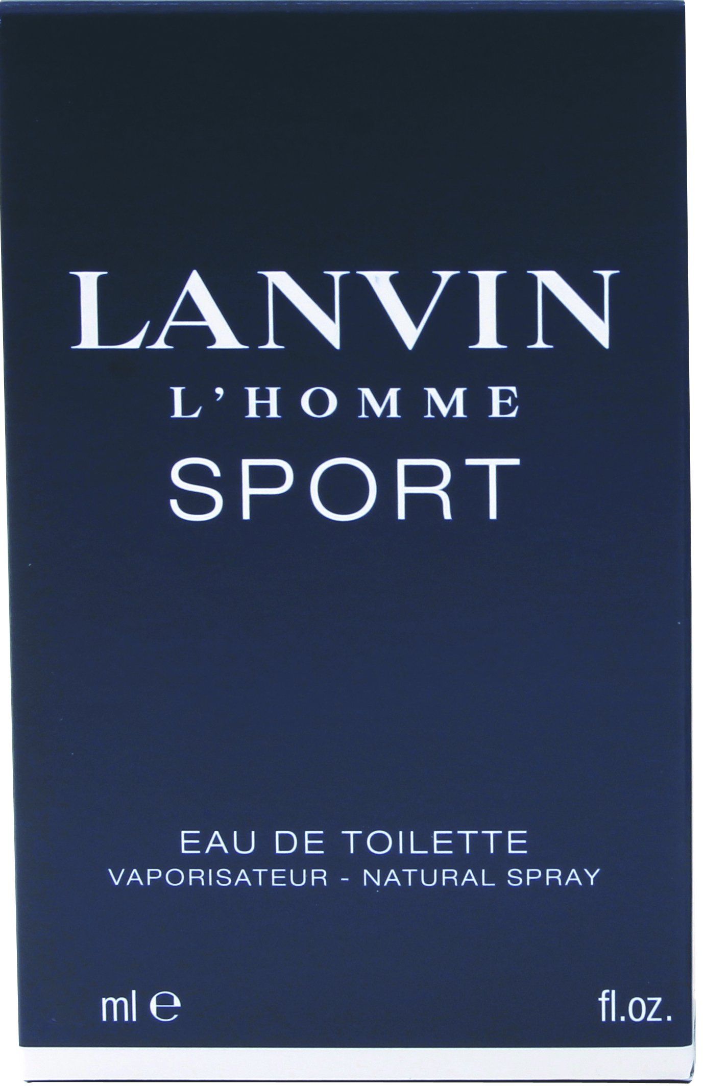 Dunkelblaue rechteckige Schachtel. Aufschrift: LANVIN L'HOMME SPORT. Eau de Toilette. ml e fl.oz.