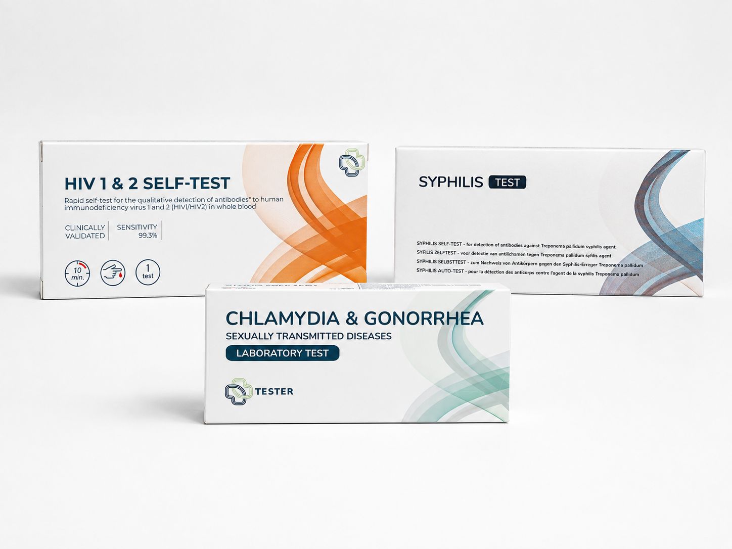 Drei Testkits für sexuell übertragbare Krankheiten: HIV, Syphilis, Chlamydien & Gonorrhoe.