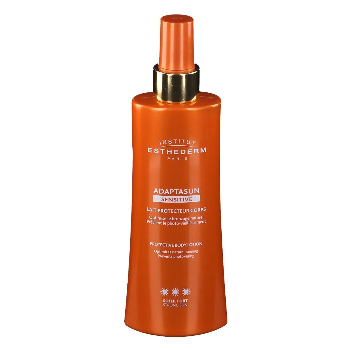 Orangefarbene Flasche mit Sprühkopf. Aufschrift: INSTITUT ESTHEDERM, Adaptasun Sensitive, Lait Protecteur Corps, Soleil Fort. Goldener Sprühkopf.