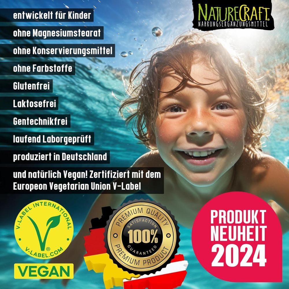 Ein Kind schwimmt im Wasser. Text: NatureCraft, Nahrungsergänzungsmittel. Vegan-Label, Premium-Qualität, Produktneuheit 2024.