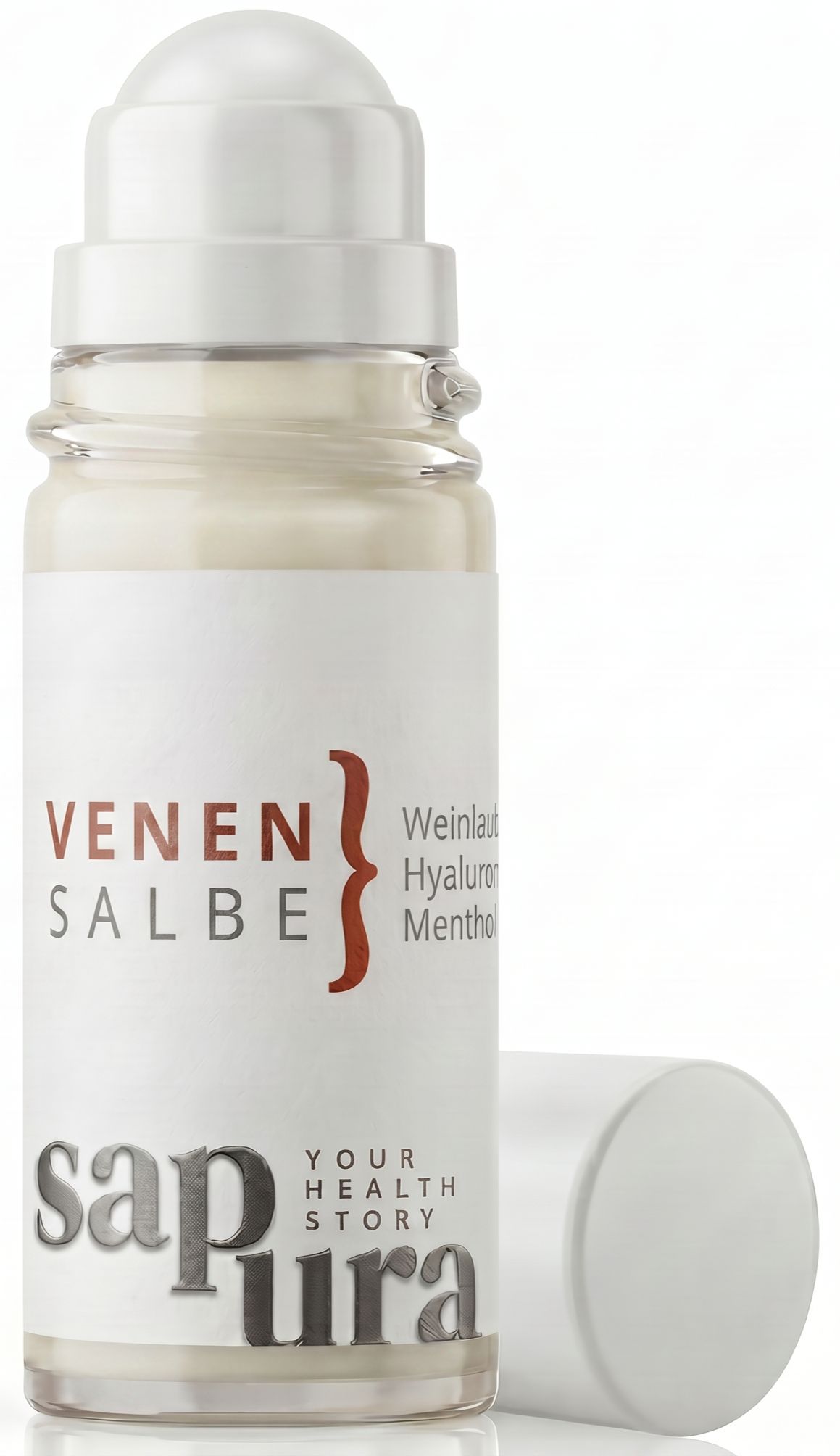 Venensalbe Roll-On mit rotem Weinlaub, Hyaluron und Menthol.