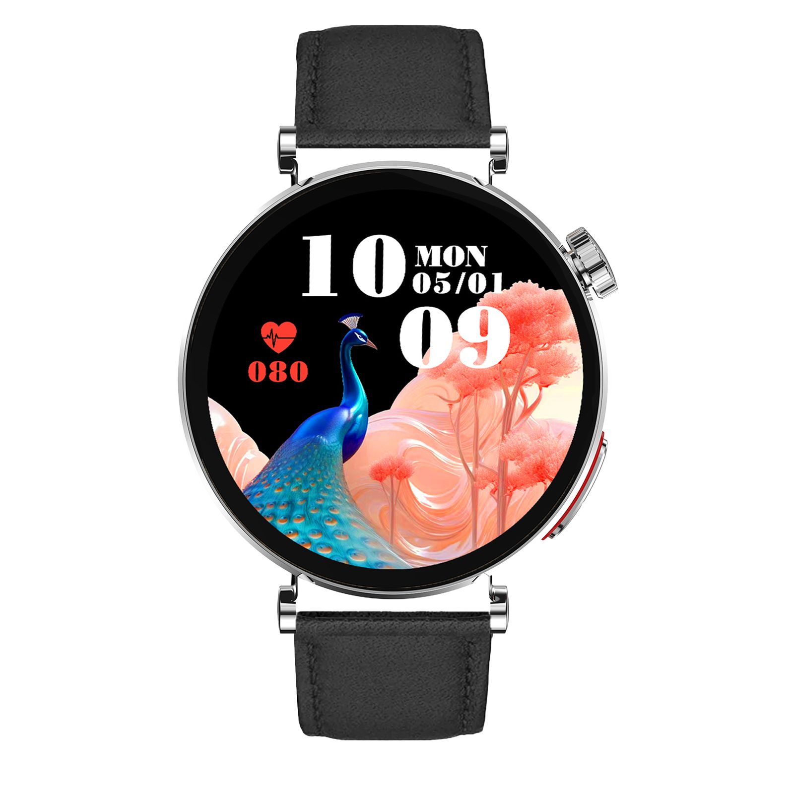 Smartwatch mit rundem Zifferblatt, schwarzem Lederarmband und silbernem Gehäuse. Zifferblatt mit Datum, Uhrzeit und Herzfrequenzanzeige.