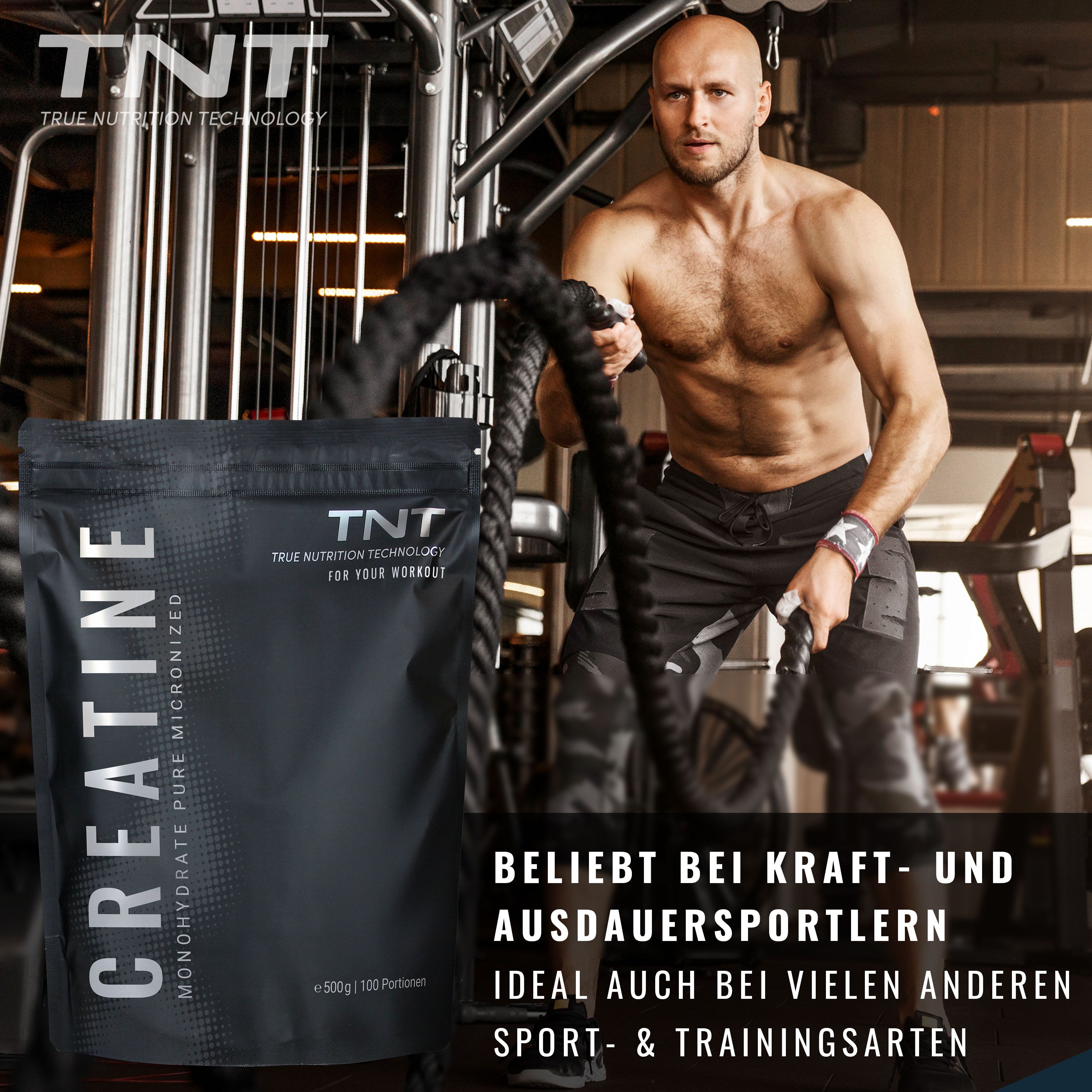 Mann trainiert mit Seilen. Neben ihm steht eine "TNT Creatine" Verpackung. Text: Beliebt bei Kraft- und Ausdauersportlern.