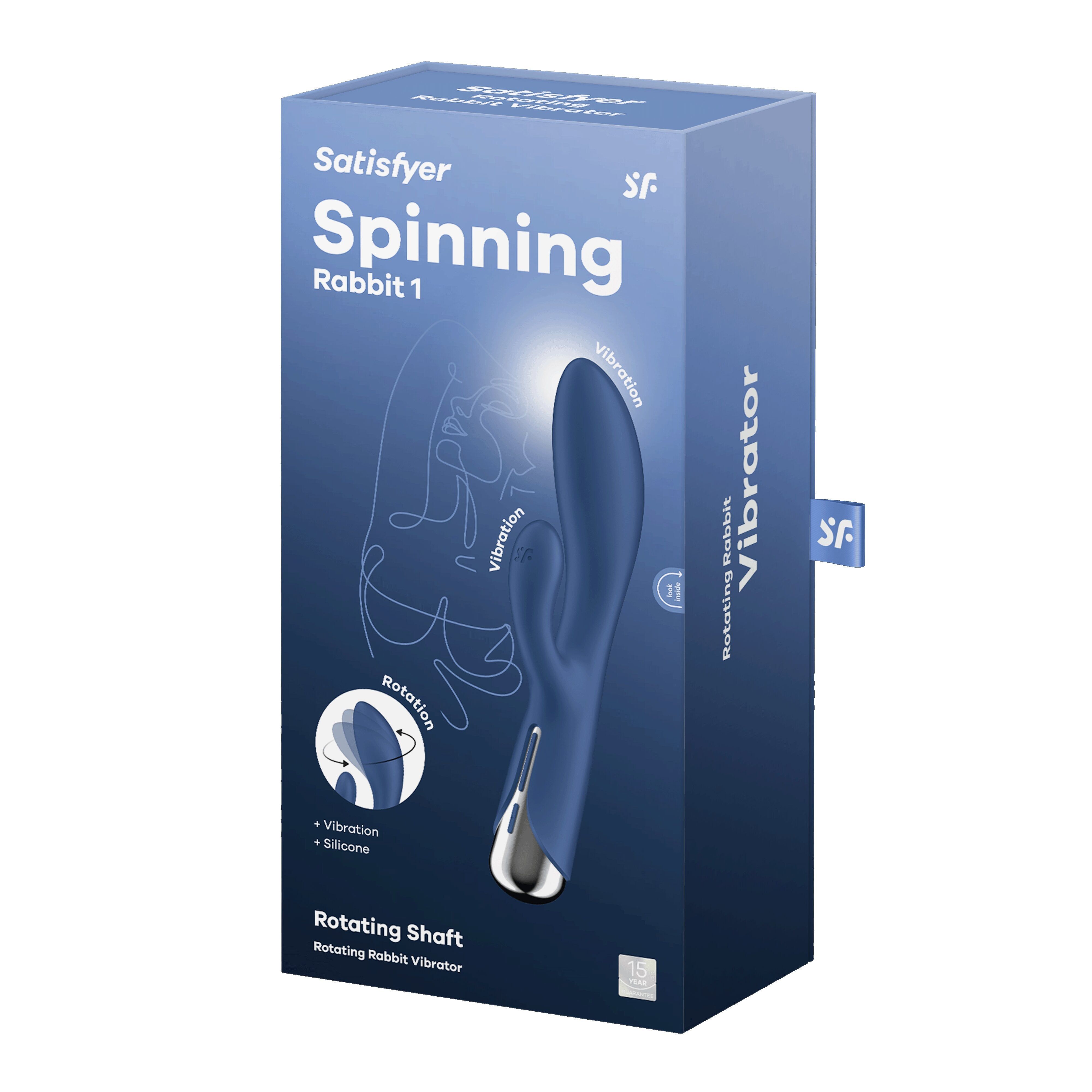 Verpackung von Satisfyer Spinning Rabbit 1. Produktabbildung, Text und Logos.