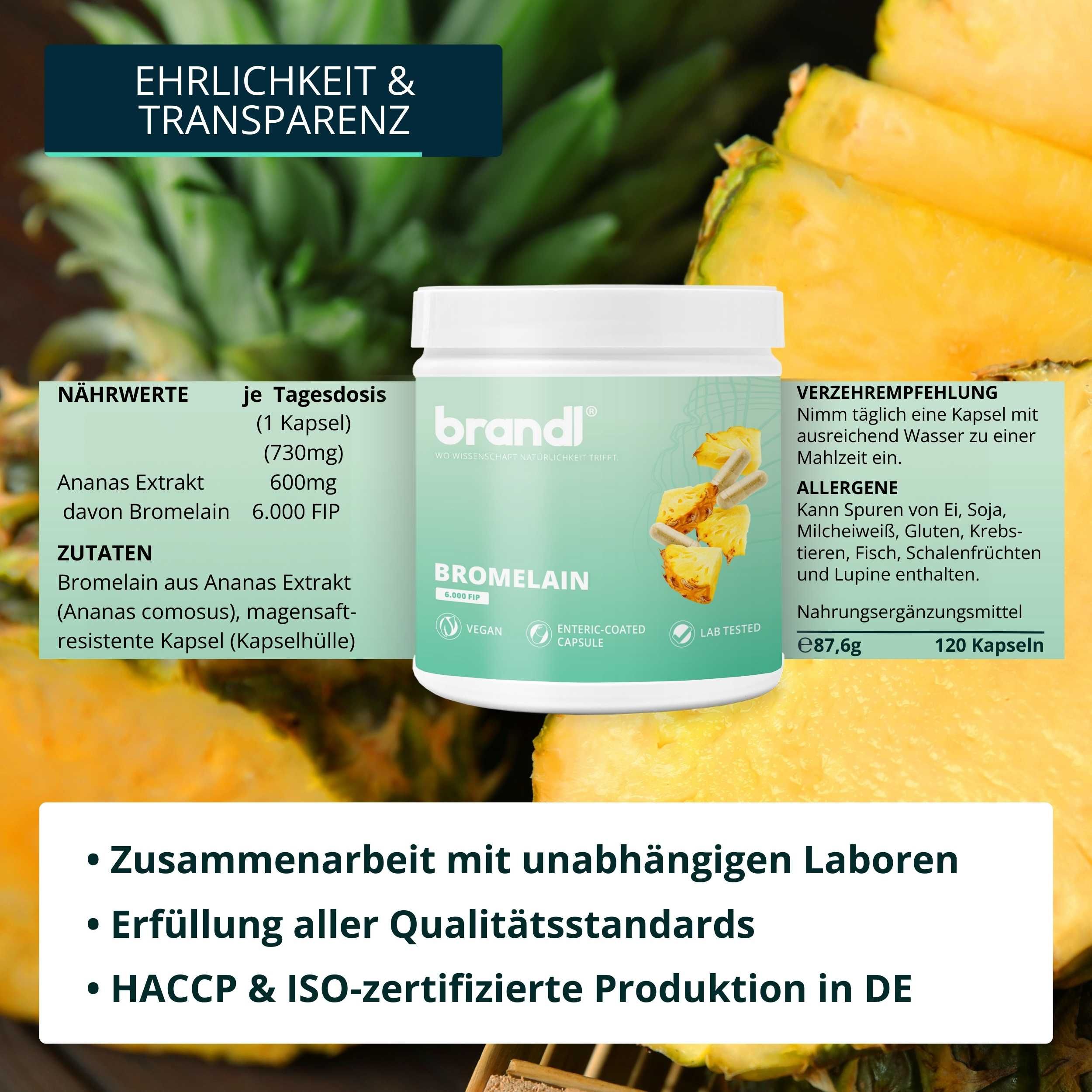 brandl® Bromelain hochdosiert | Enzyme aus der Ananas mit 6.000 F.I.P. | Premium Kapseln