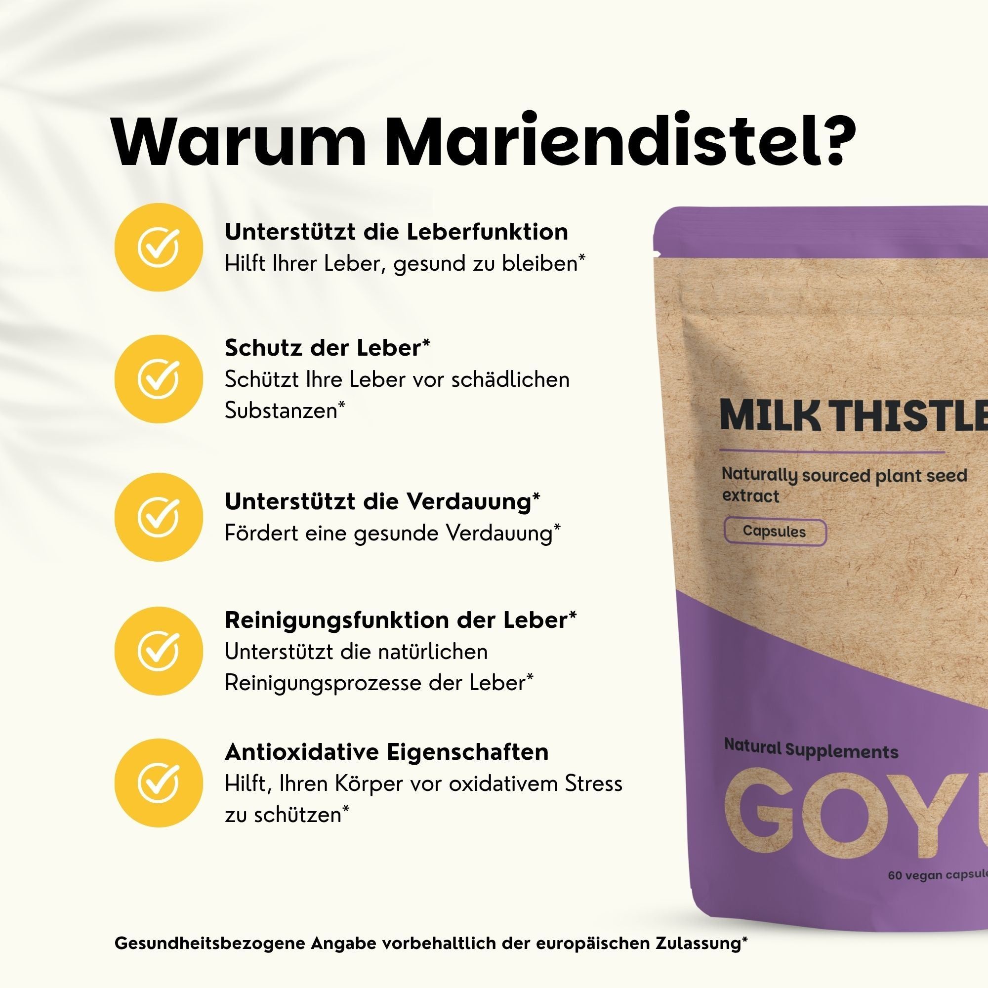 Braune Beutelverpackung mit lila Akzenten für Mariendistel-Kapseln. Enthält Text zu Leberfunktion, Verdauung und antioxidativen Eigenschaften.