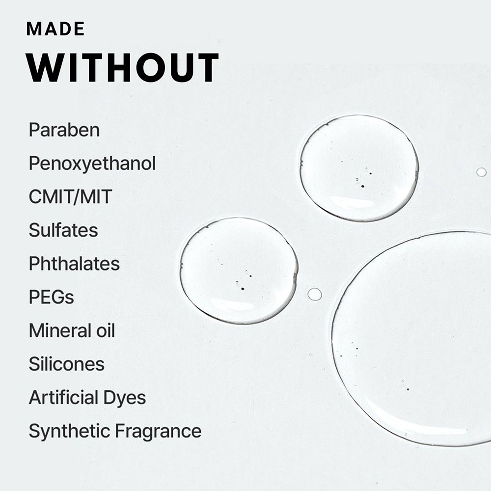 Text: MADE WITHOUT, gefolgt von einer Liste von Inhaltsstoffen, darunter Paraben, Sulfate, Silikone.