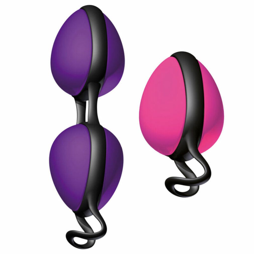 Zwei Joyballs: eine lila Kugel und eine pinke Kugel, jeweils mit schwarzem Band.