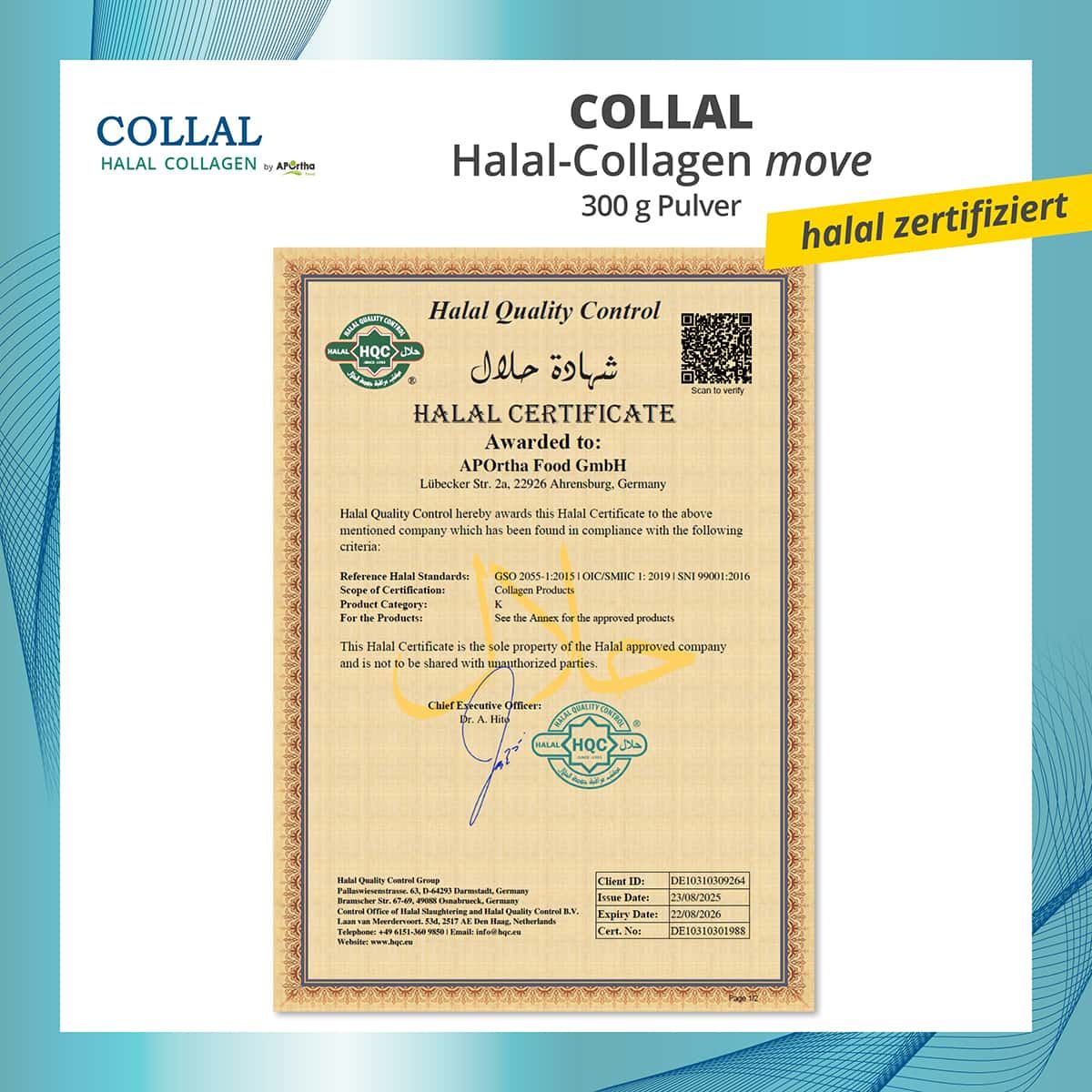 Halal-Zertifikat. Ausgestellt von Halal Quality Control. Enthält Informationen zu Standards, Zertifizierungsdetails und Unterschriften.