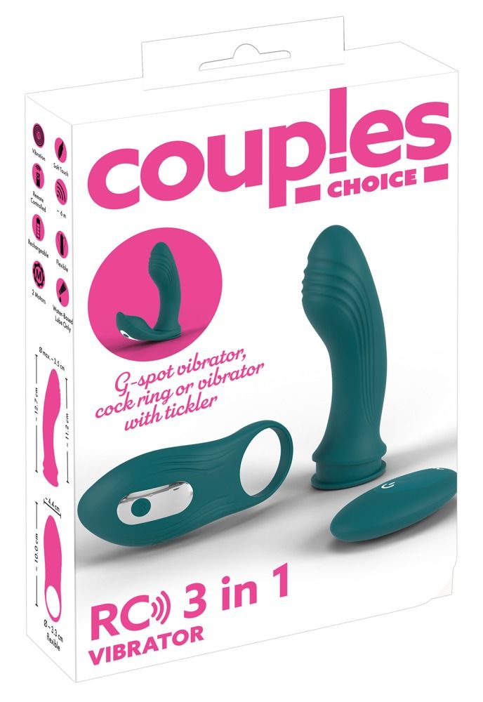 Verpackung mit Produktabbildungen und Text. Das Produkt ist ein '3 in 1 Vibrator'. Der Markenname ist 'Couples Choice'.