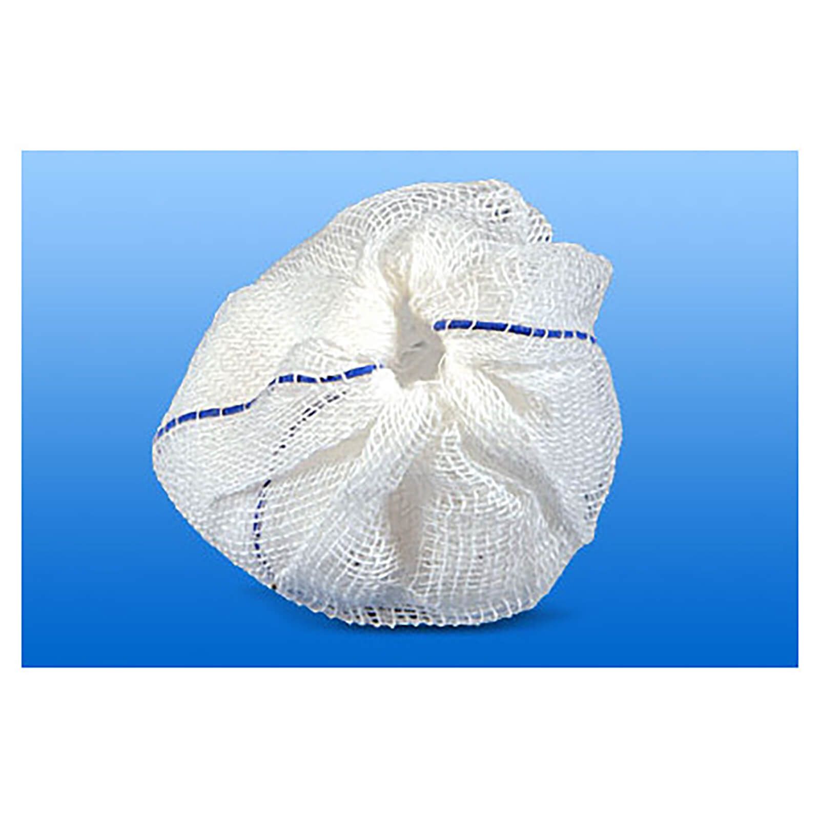 Weißer Tupfer aus Netzstoff, mit blauen Streifen. Rundliche Form.