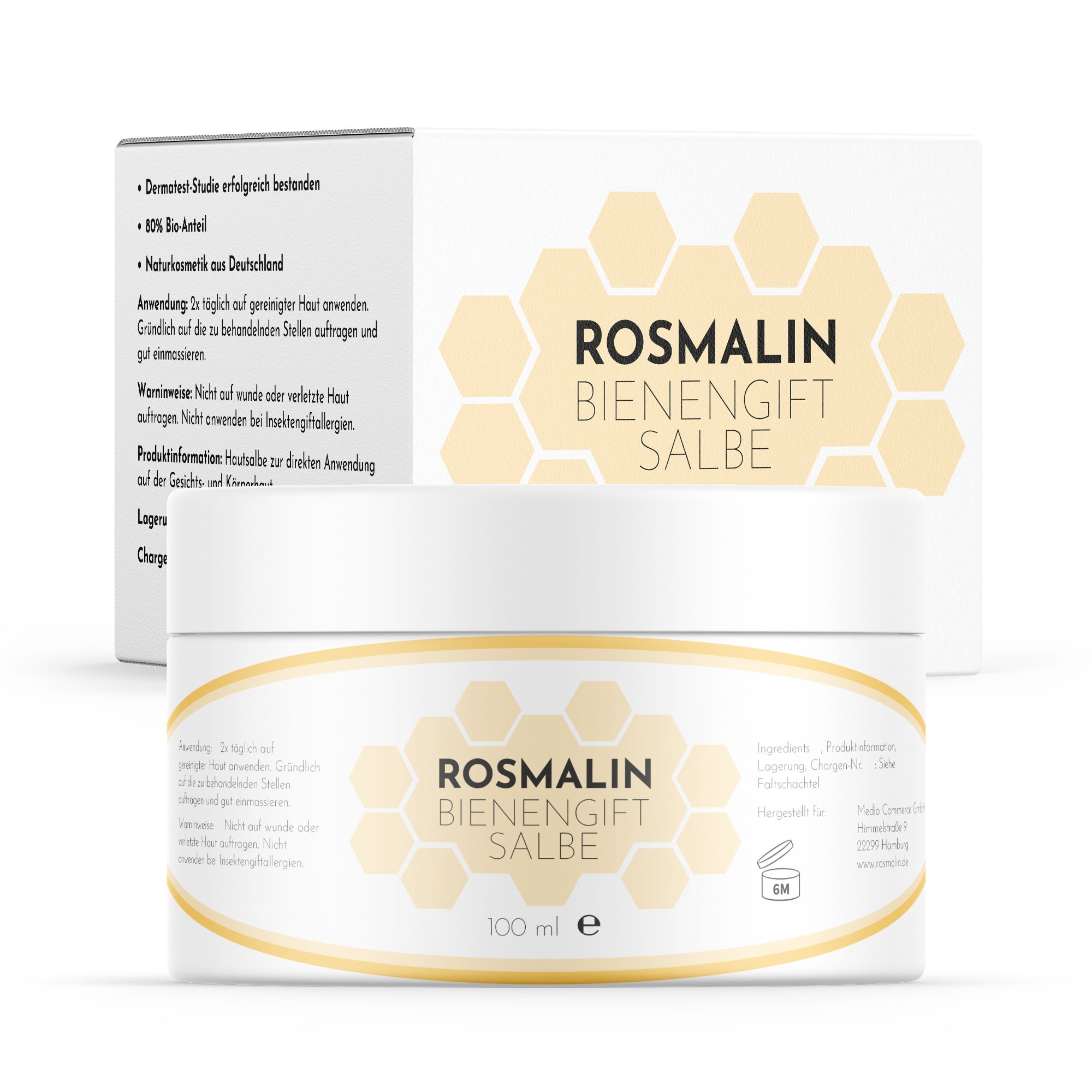 Creme-Dose mit Produktnamen Rosmalin Bienengiftsalbe und Verpackung. Aufschrift: Bienengift Salbe. 100 ml.