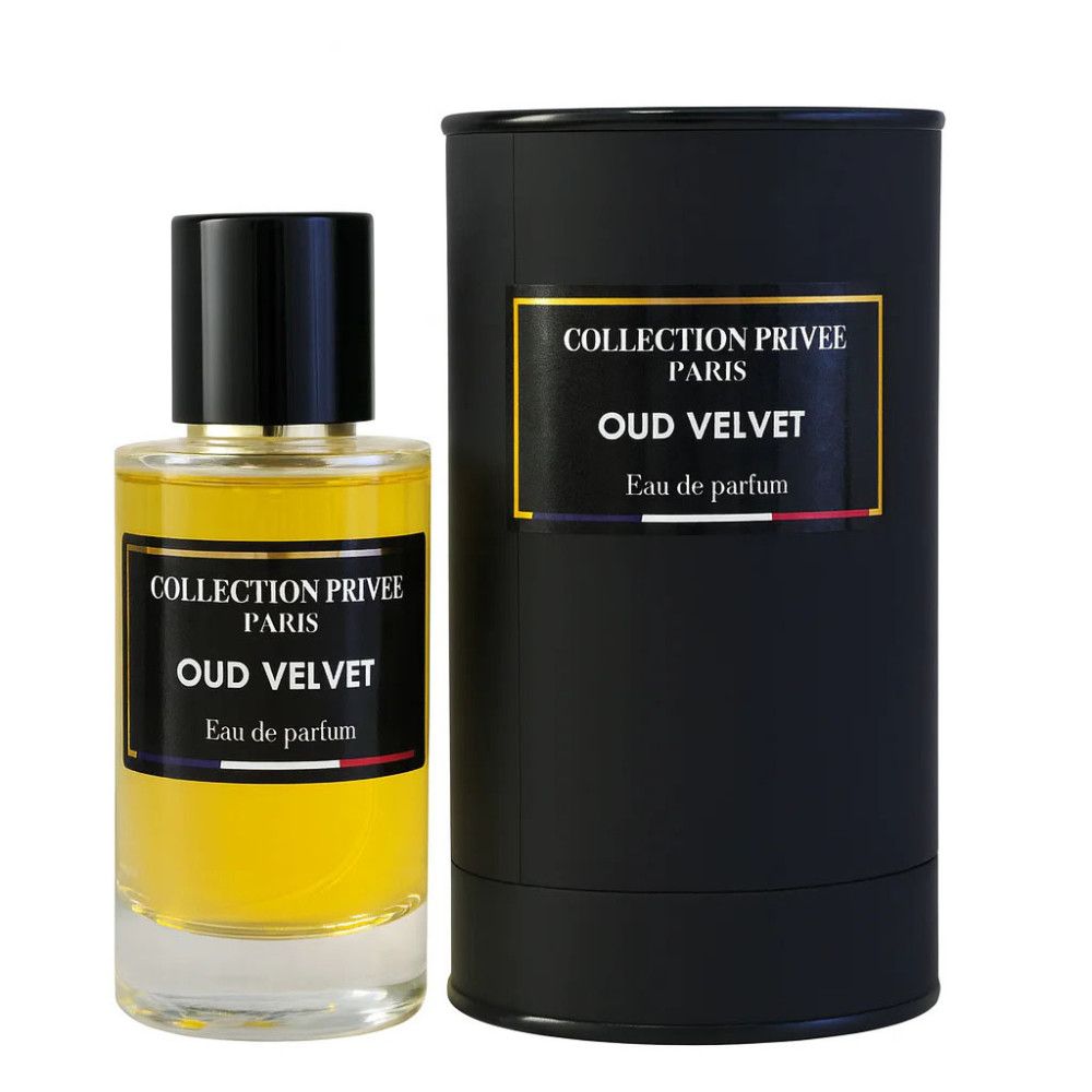 Parfümflakon und schwarze zylindrische Verpackung. Aufschrift: Oud Velvet, Eau de parfum. Goldfarbener Inhalt.