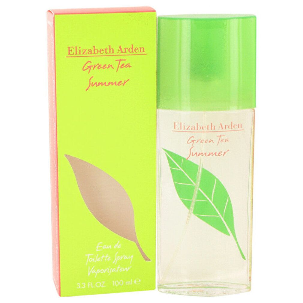 Flasche und Schachtel. Aufschrift: Elizabeth Arden Green Tea Summer. Grünes Blatt auf Flasche, braunes Blatt auf Schachtel.