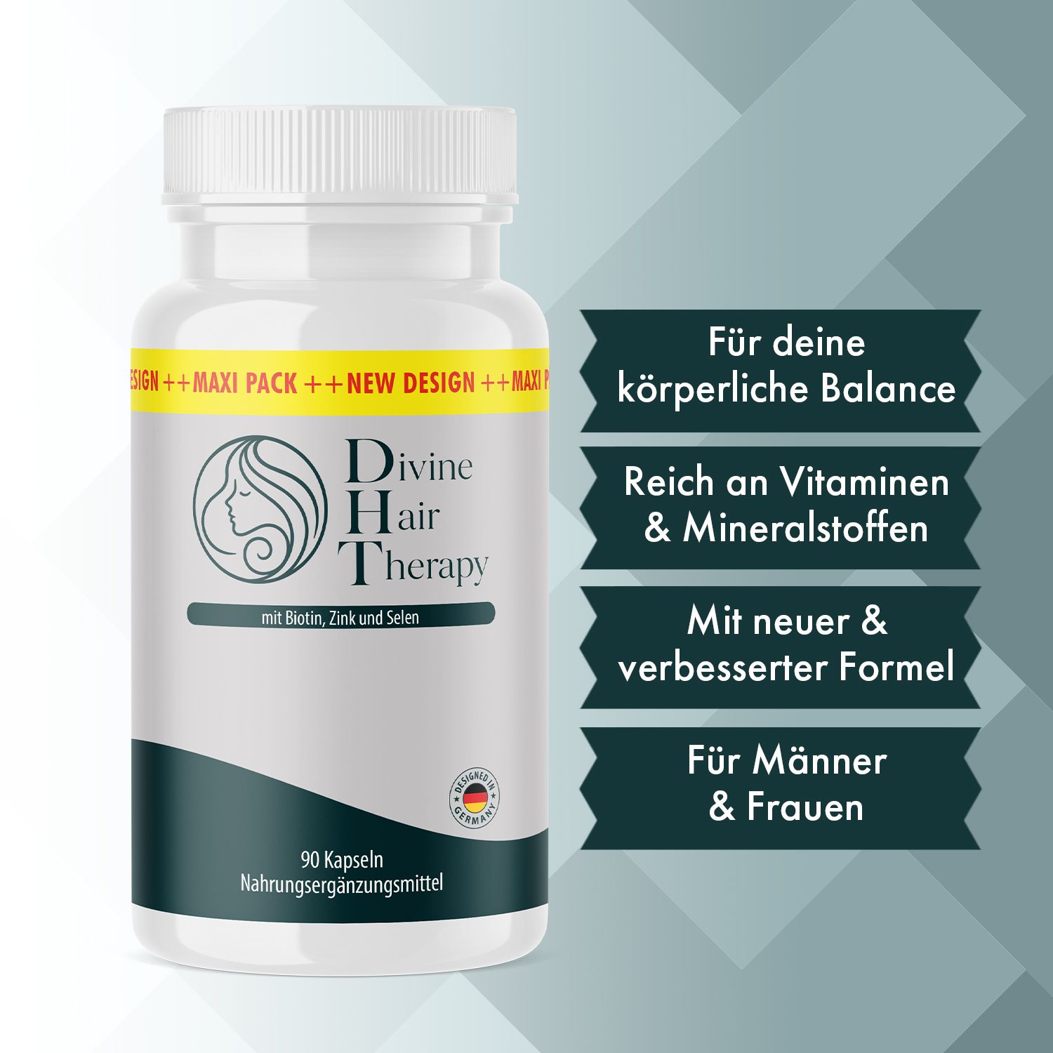 Flasche Divine Hair Therapy Kapseln, 90 Stück, mit Biotin, Zink und Selen. Reich an Vitaminen & Mineralstoffen.