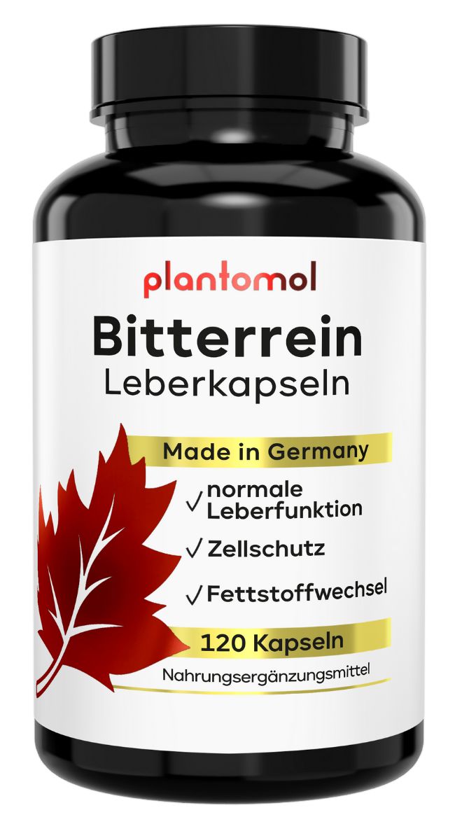 Schwarze Flasche mit plantomol® Bitterrein Leberkapseln. 120 Kapseln. Made in Germany. Für normale Leberfunktion, Zellschutz, Fettstoffwechsel.
